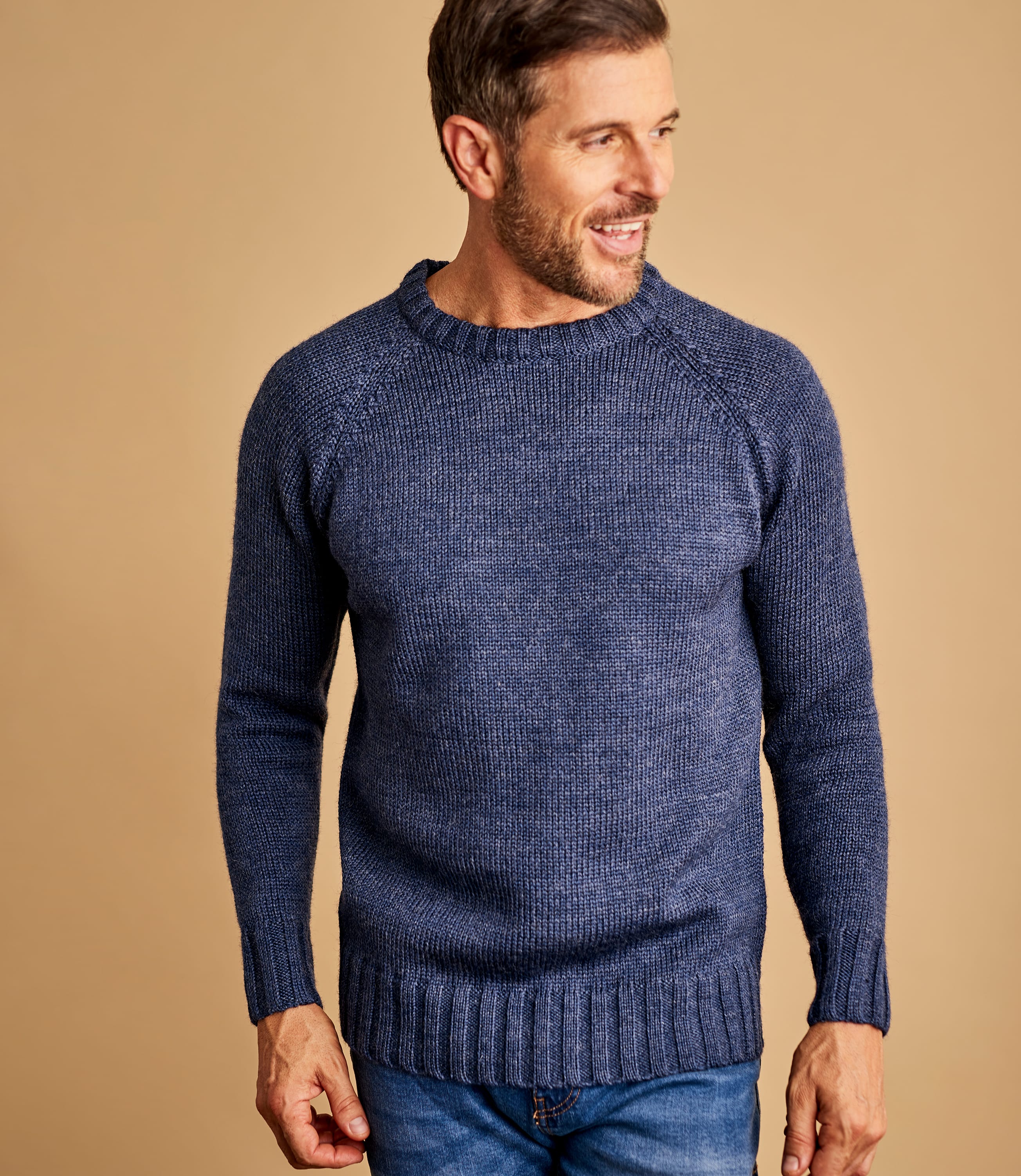 Denim Marl | Mens Pure Wool Fishermans Crew Neck Sweater | WoolOvers US