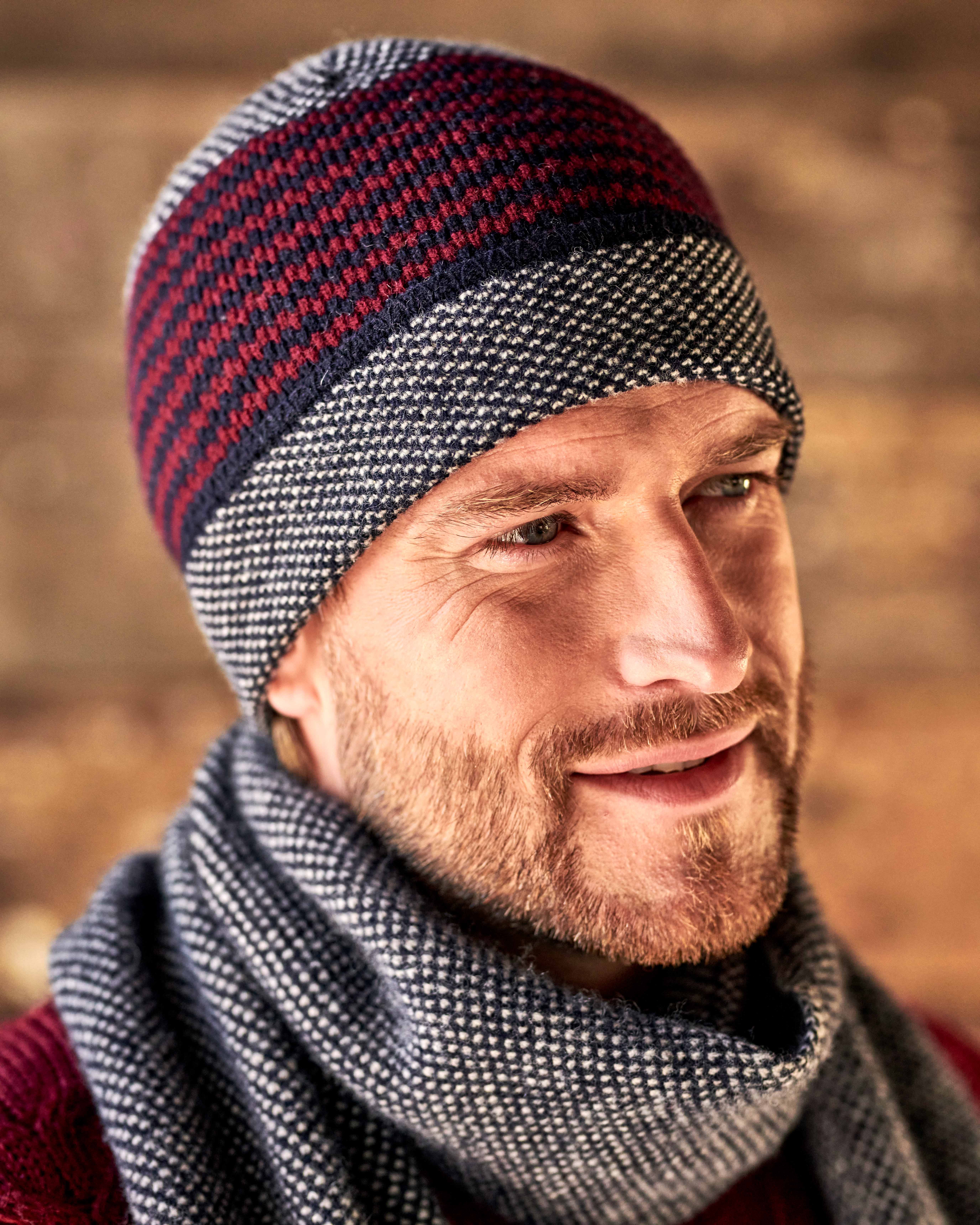 Charcoal/Ember Pure Lambswool Mens Lambswool Stitch And Stripe Hat