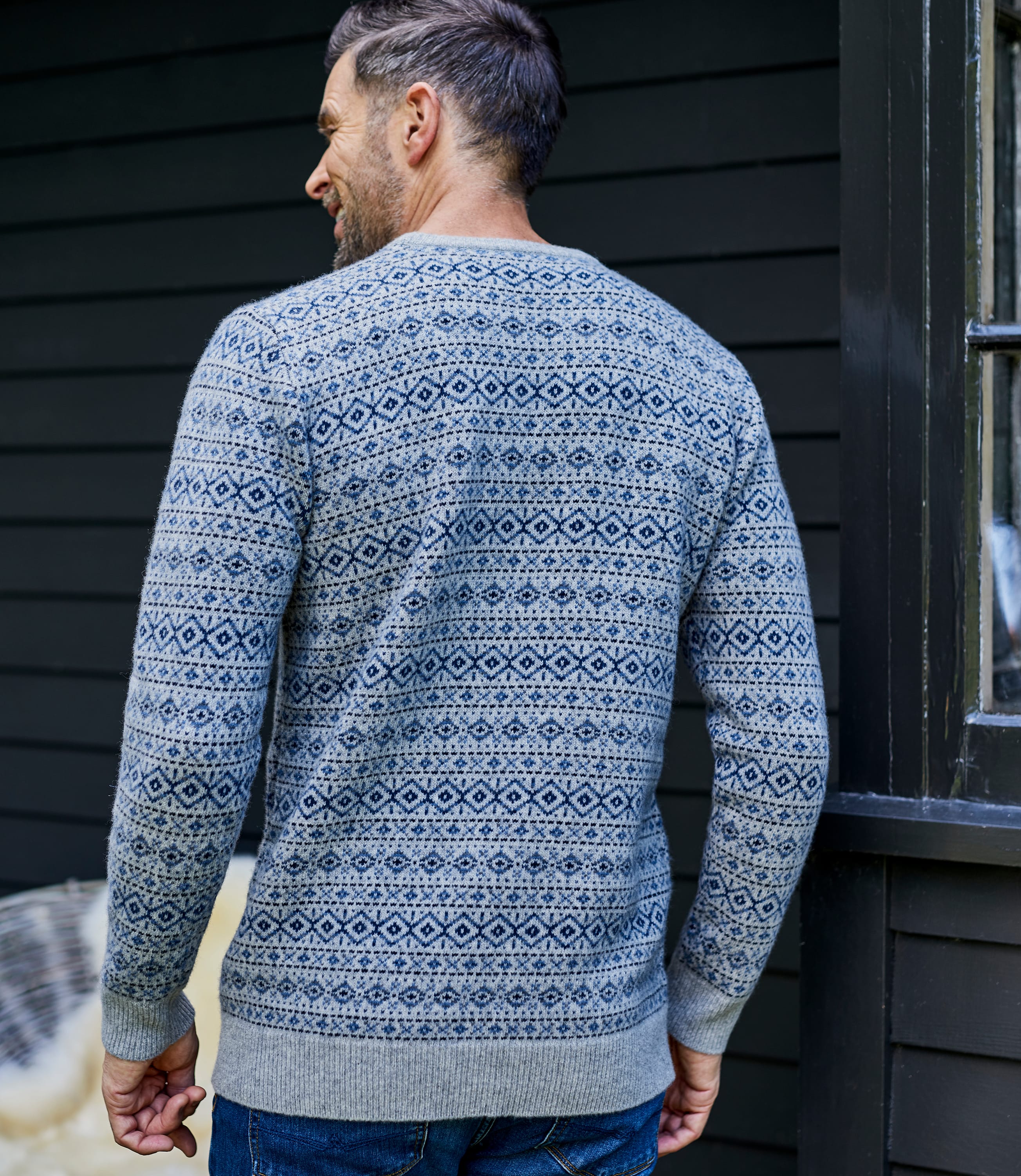 Grau/Blau Mens Lambswool All Over Fairisle Jumper Woolover DE