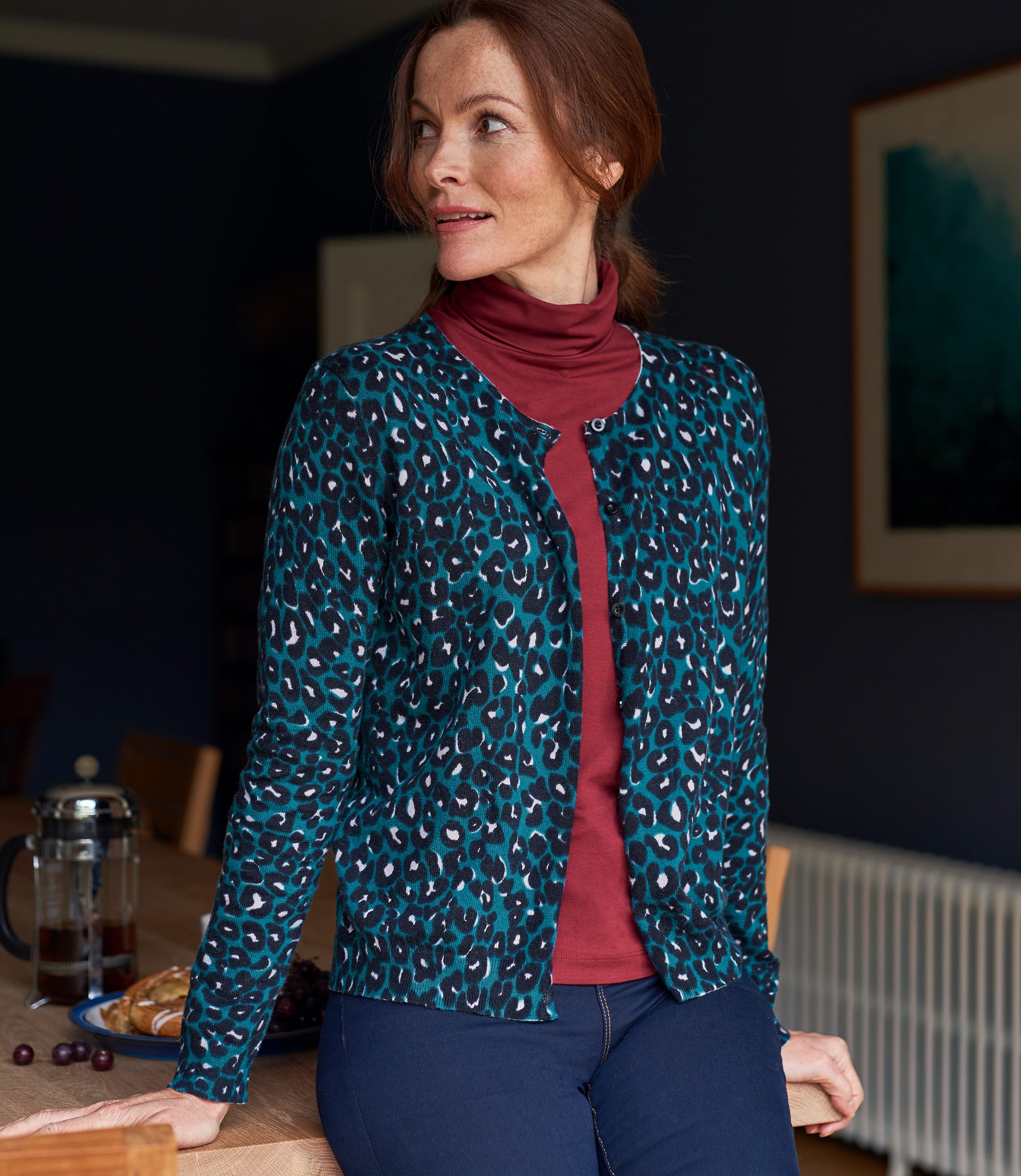 Dark Teal | Womens Cotton Blend Leopard Print Cardigan | WoolOvers US