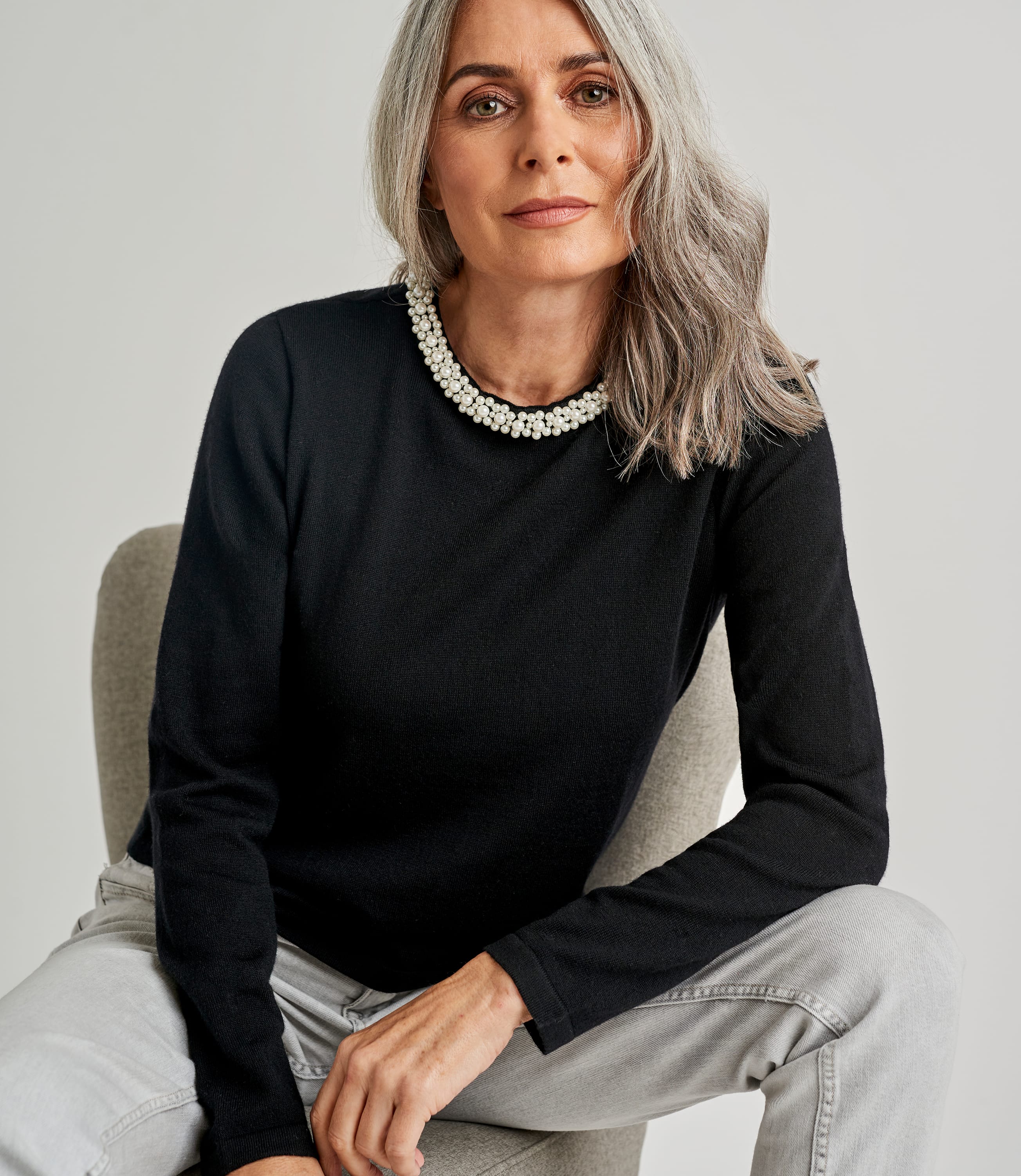 Black Womens Merino Pearl Neck Jumper WoolOvers UK