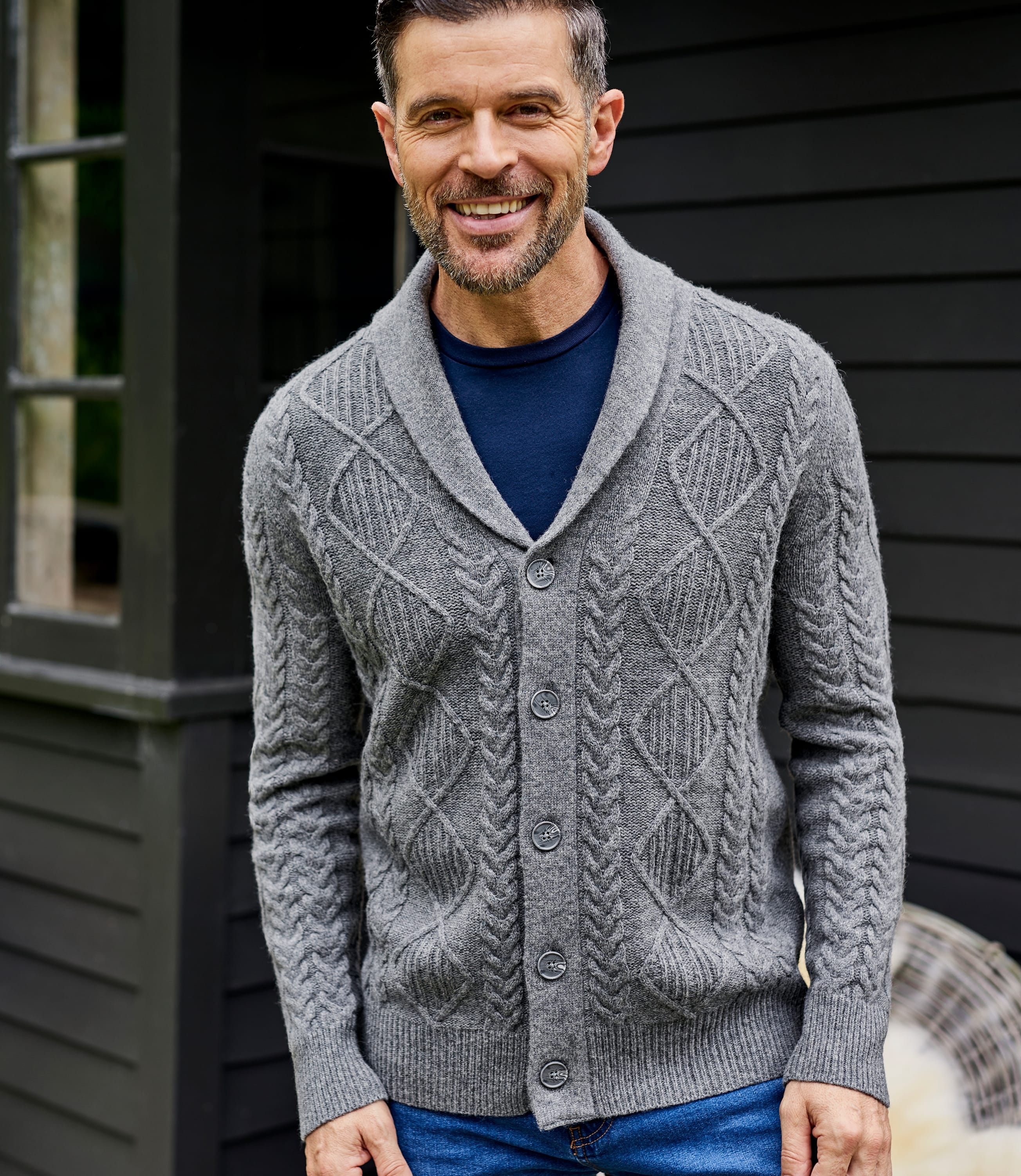 Mid Grey | Mens Lambswool Shawl Collar Cable Cardi | WoolOvers UK