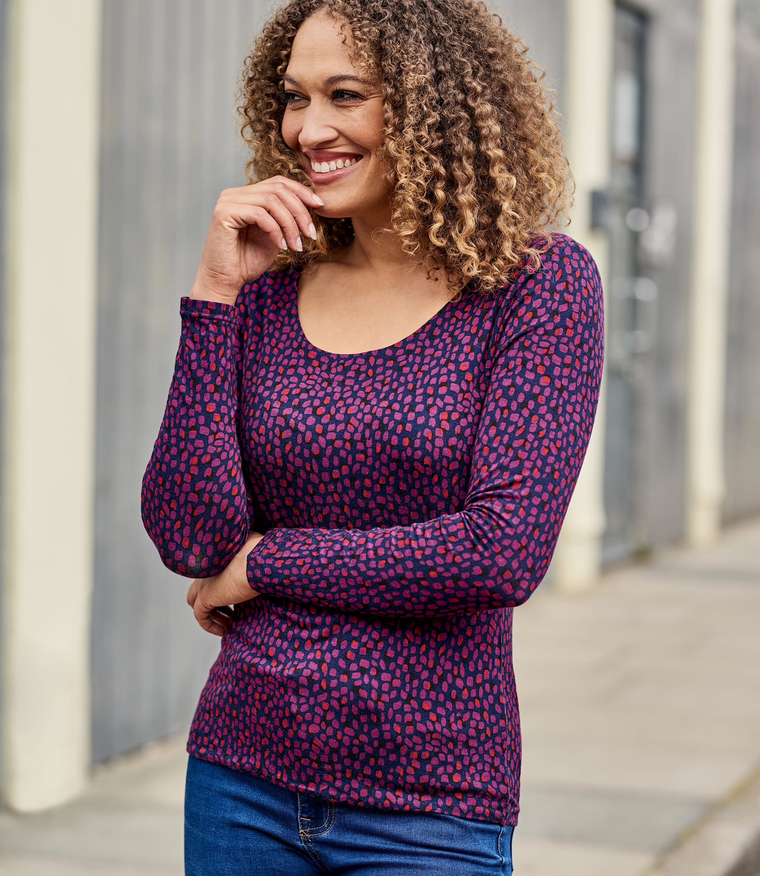 Multi Red Womens Jersey Scoop Neck Long Sleeve TShirt WoolOvers AU