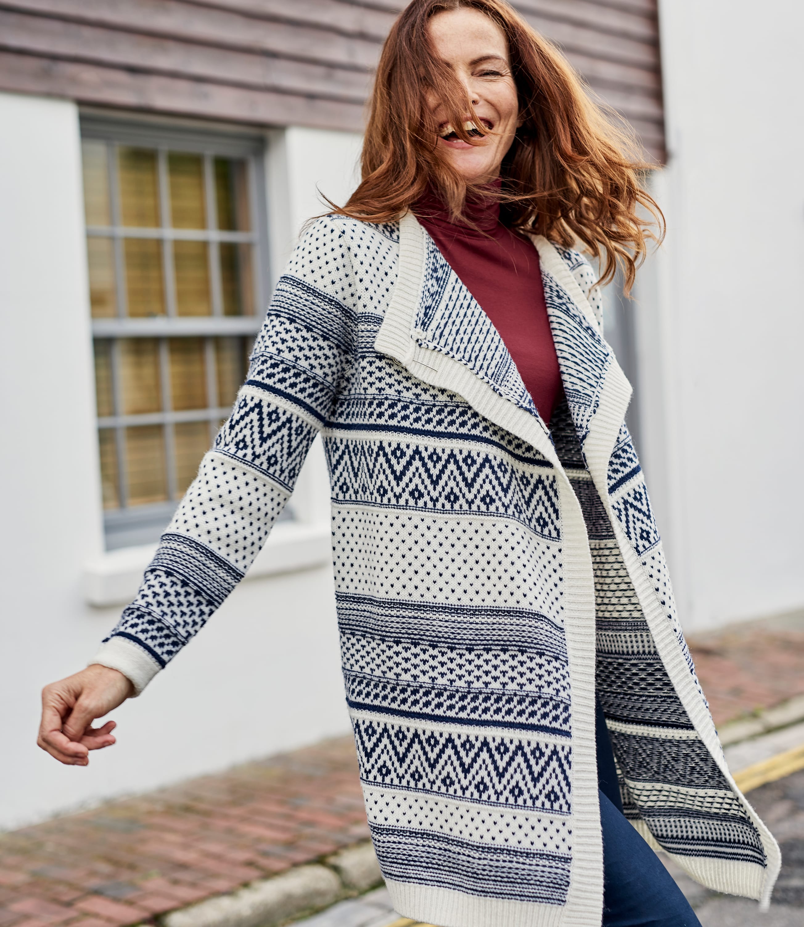 Cream/Navy Womens 100 Lambswool Fairisle Waterfall Cardigan