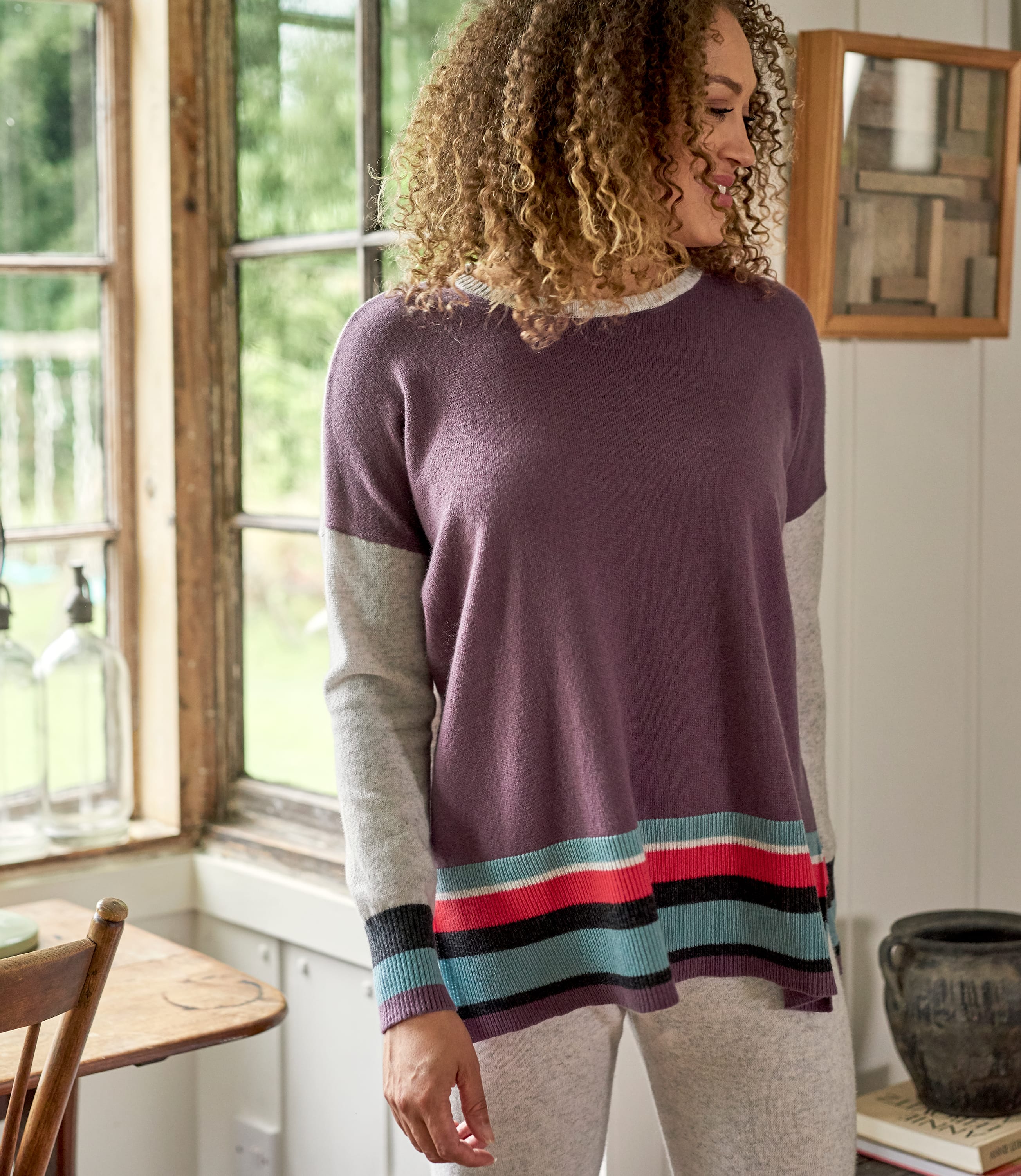 Purple Mist Combo | Womens Cashmere Merino Striped Hem Jumper ...