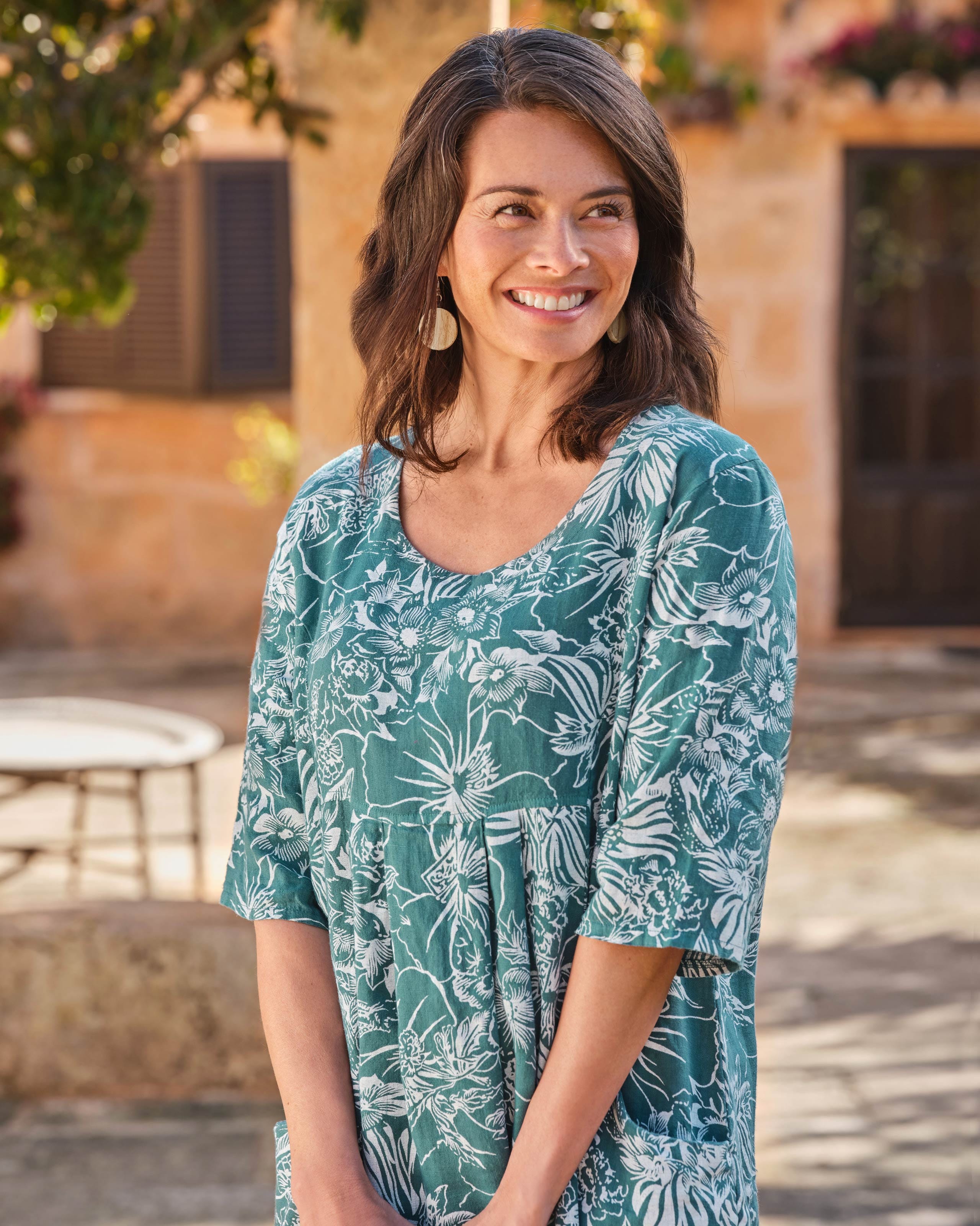 Teal Floral Print | Womens Linen Pocket Tunic Dress | WoolOvers US