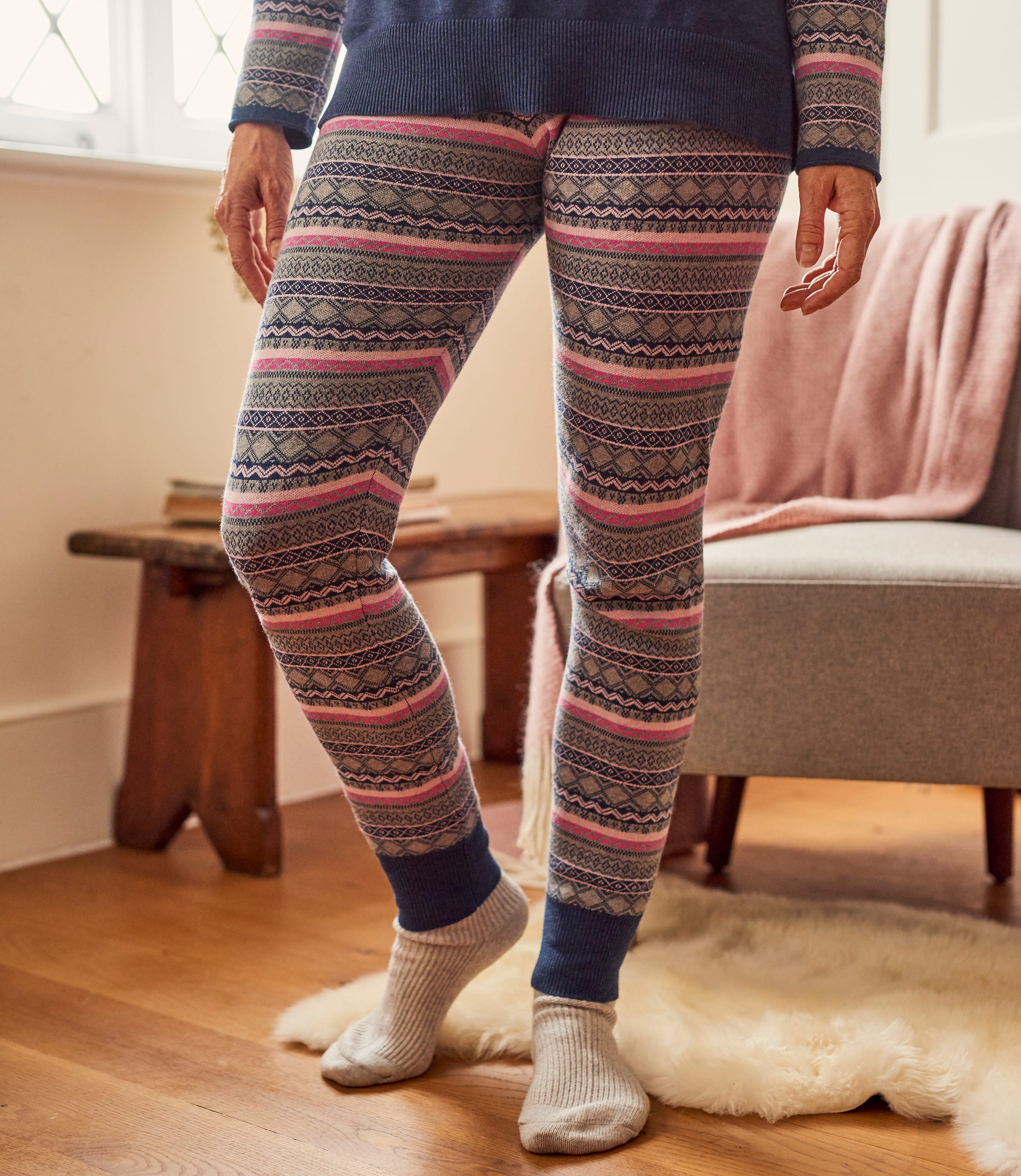 Grey/Pink Combo Womens Wool Blend Fairisle Lounge Leggings WoolOvers UK