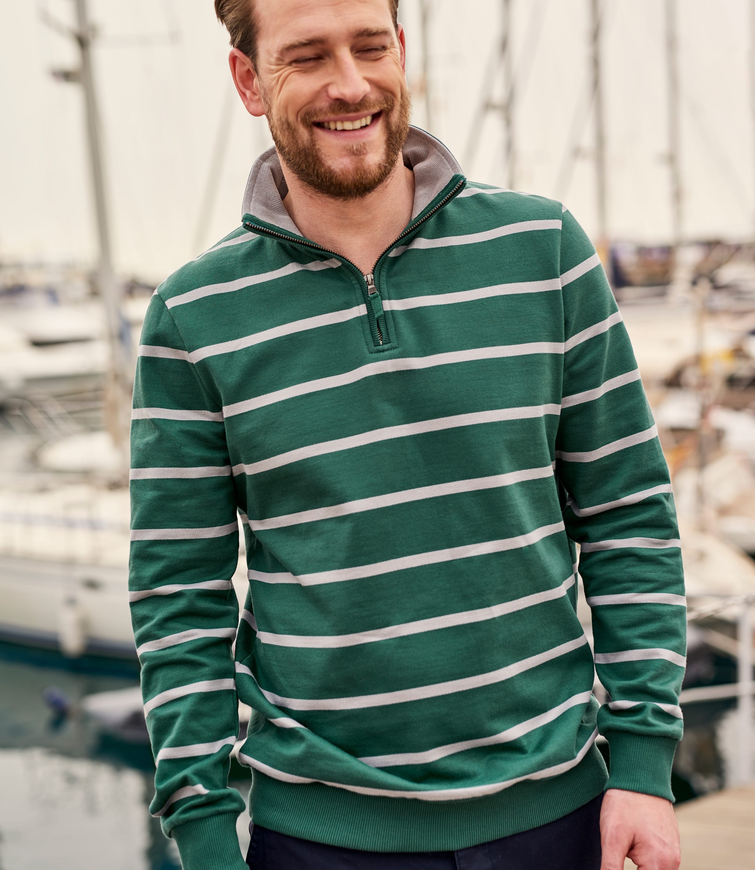 Green Stripe | Mens Cotton Half Zip Sweatshirt | WoolOvers UK