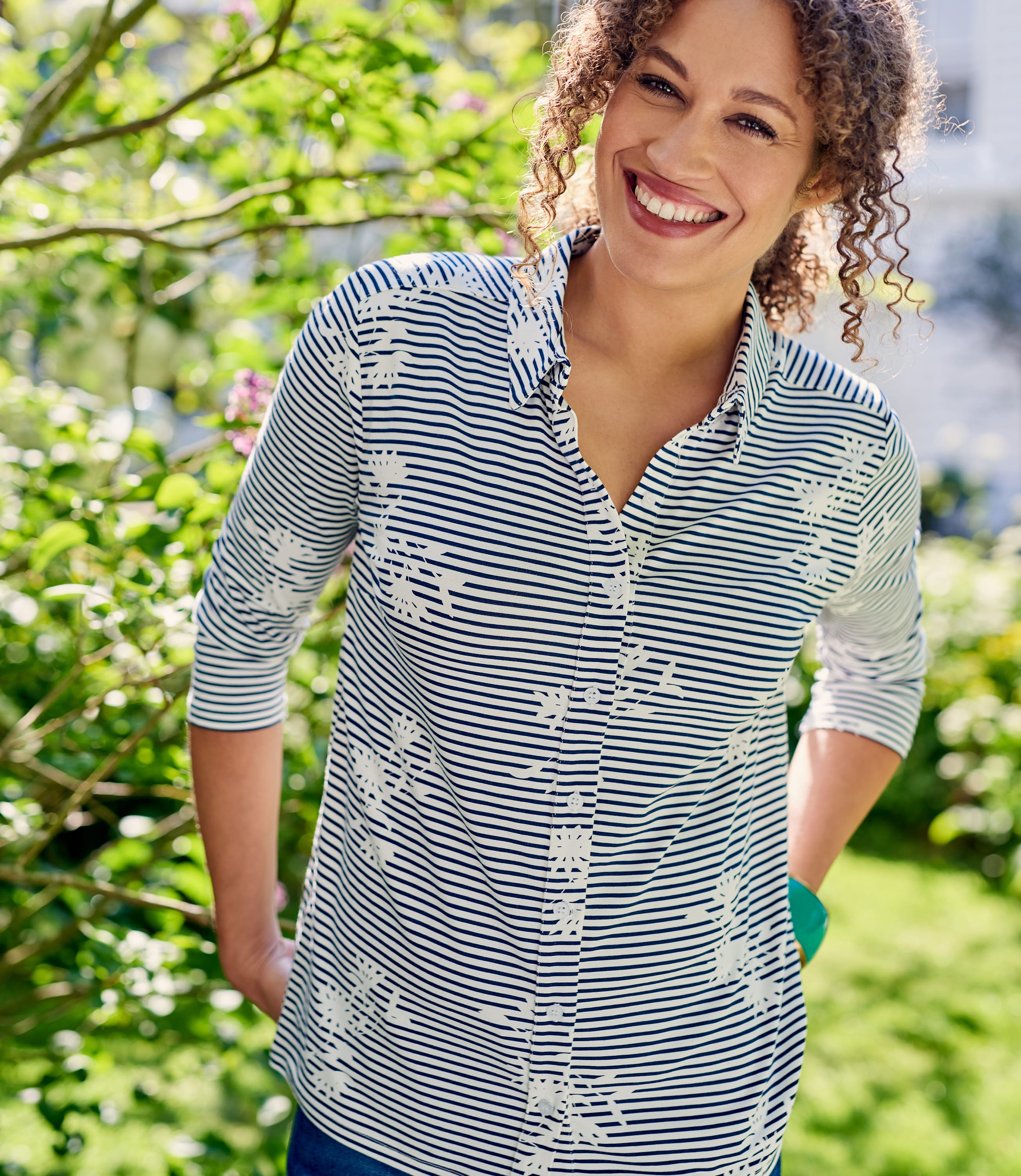 Blue Stripe Floral | Womens Jersey Print 3/4 Sleeve Shirt | WoolOvers UK