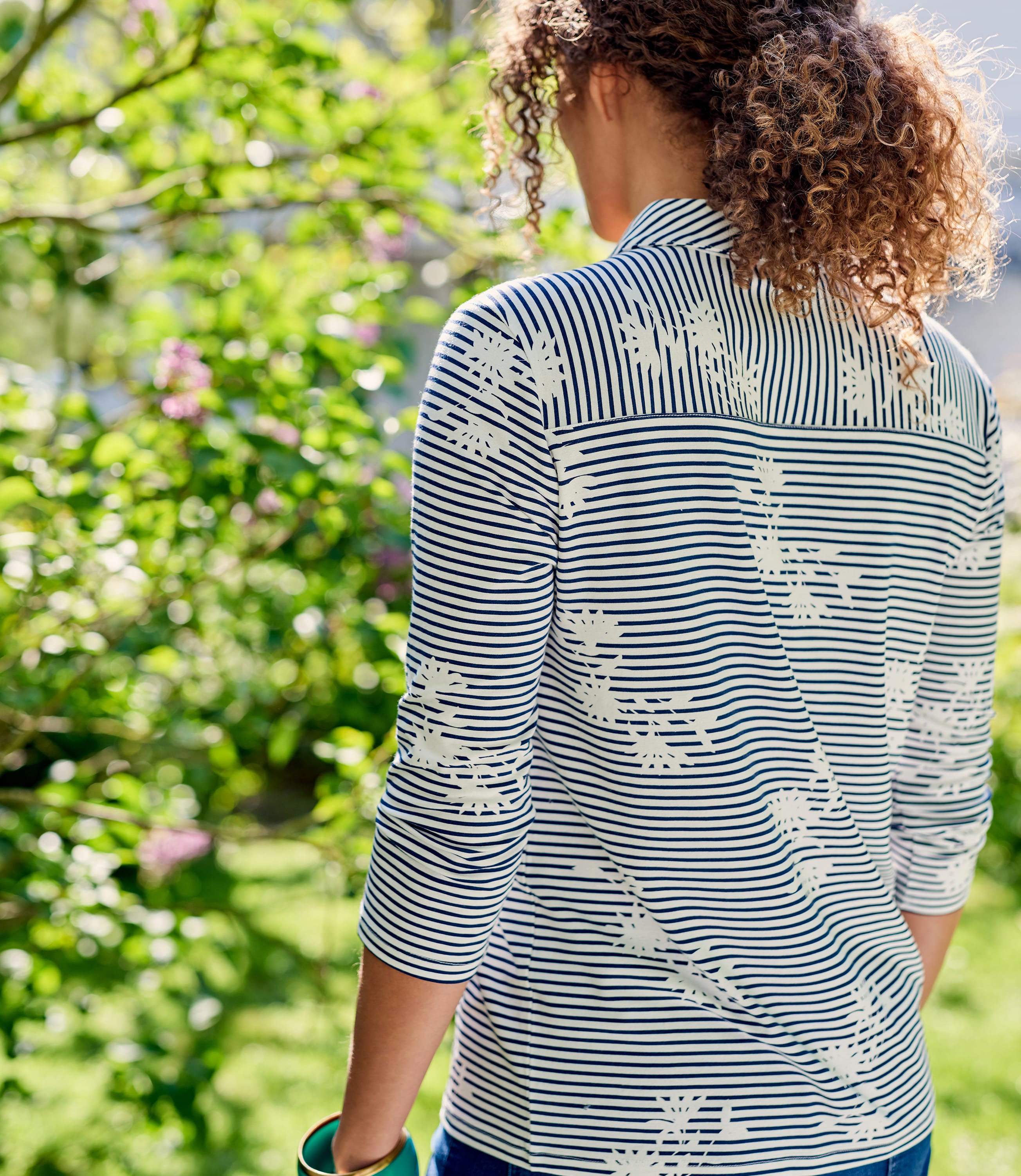 Blue Stripe Floral Womens Jersey Print 3/4 Sleeve Shirt WoolOvers UK