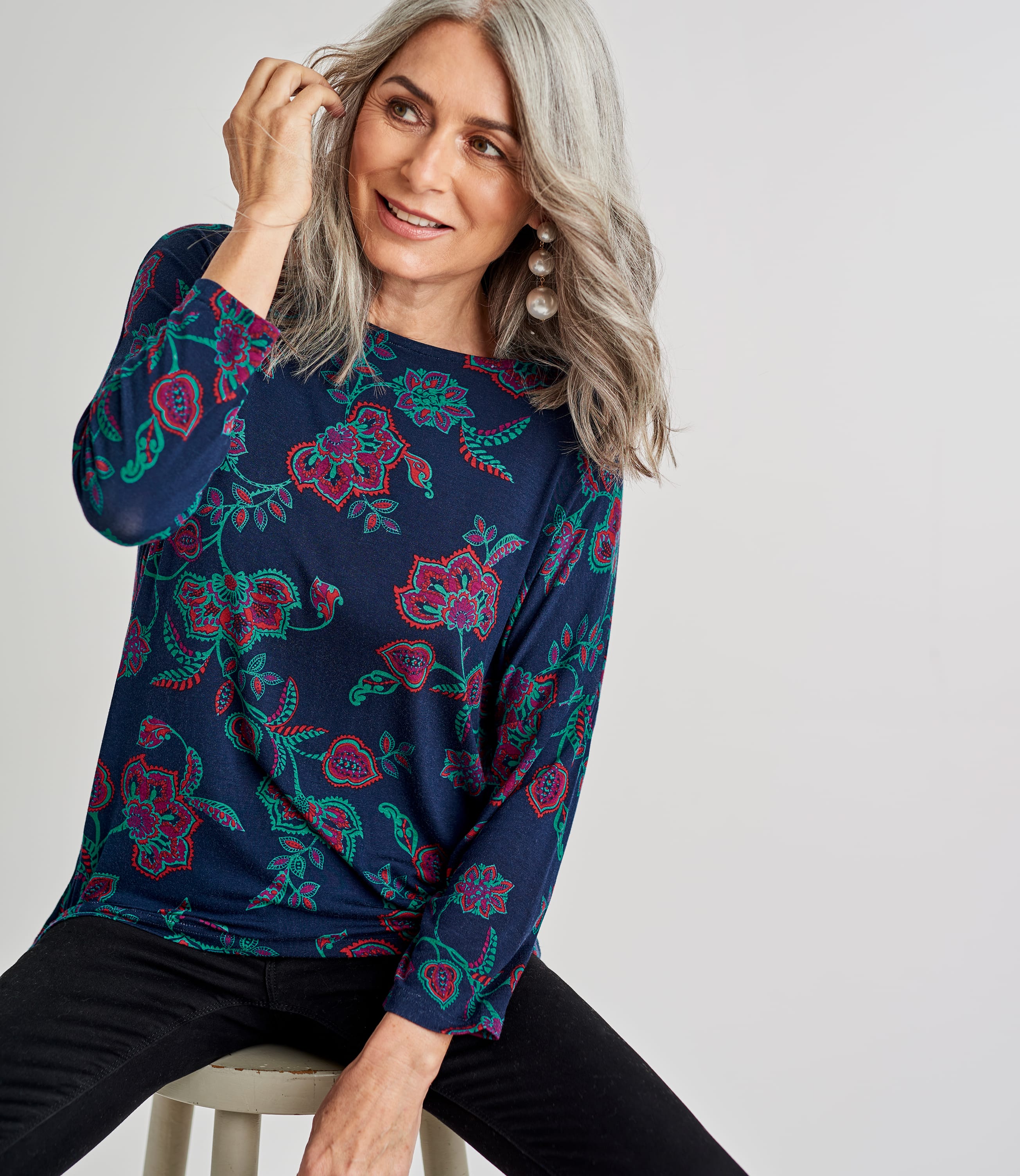 Paisley Floral | Womens Jersey Boat Neck Drop Sleeve Tee | WoolOvers UK