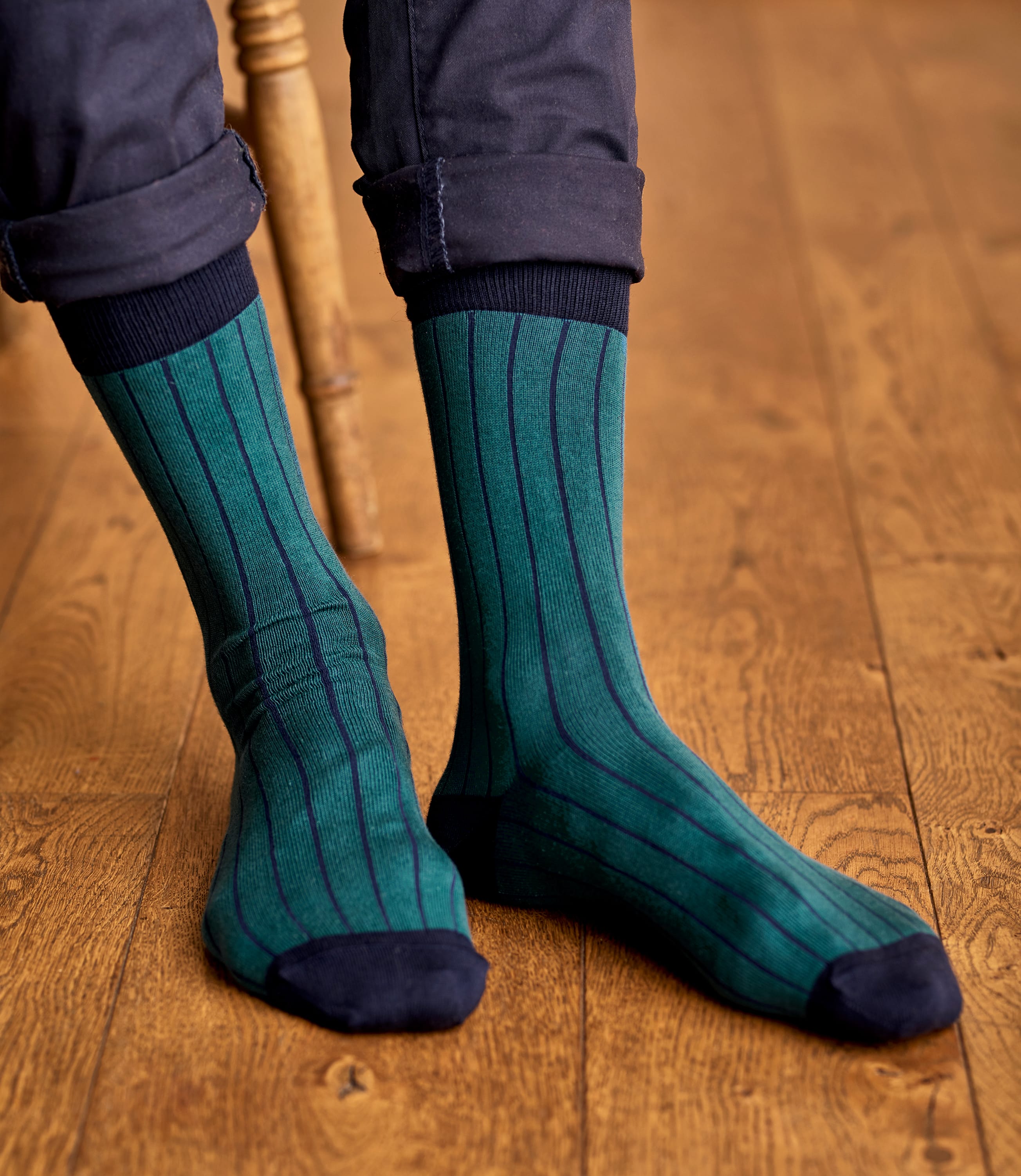 Dark Navy/Teal | Mens Pima Cotton Vertical Stripe Sock | WoolOvers UK