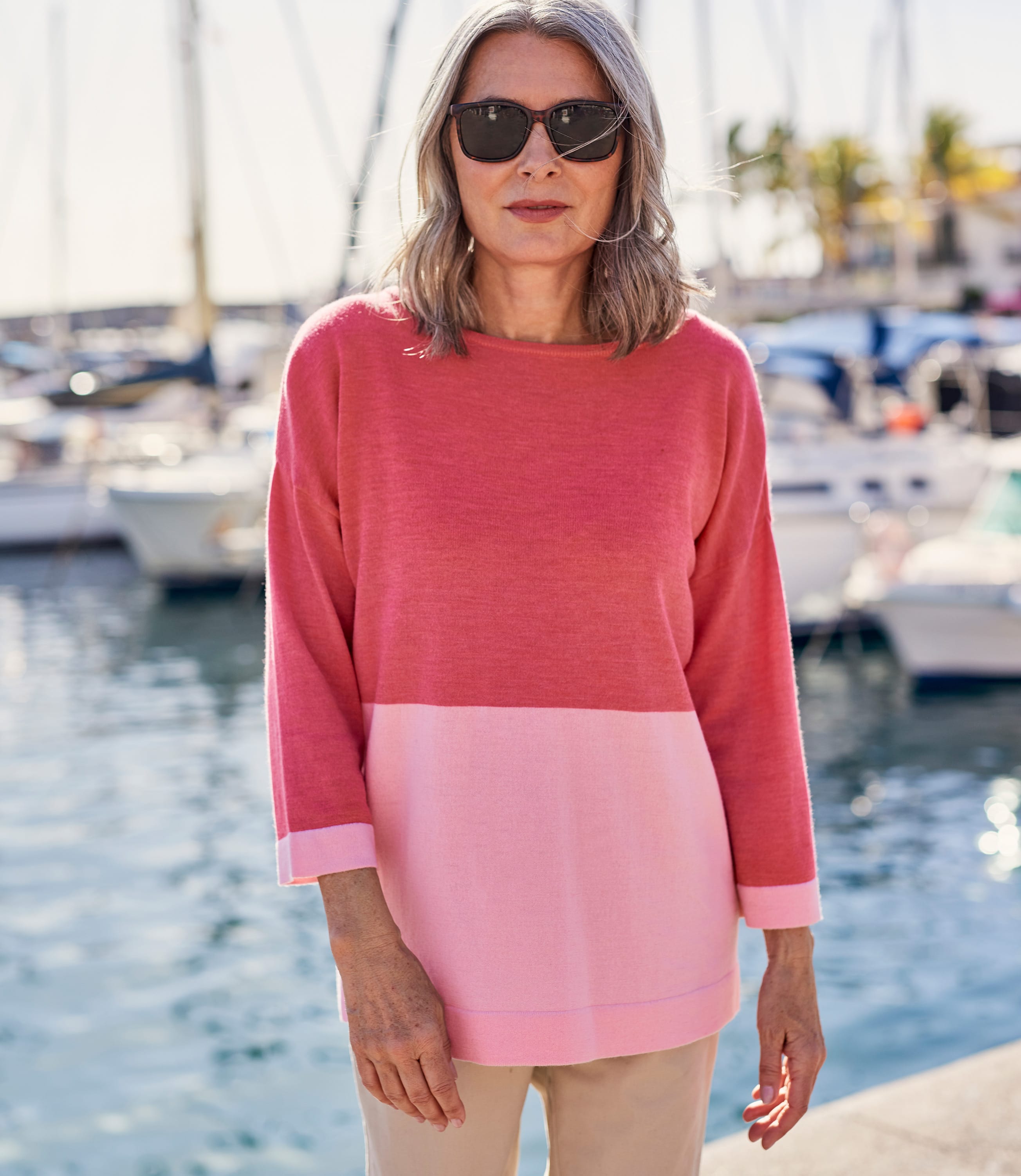 Pink Colour Block | Womens Merino Boat Neck 3/4 Sleeve Sweater ...