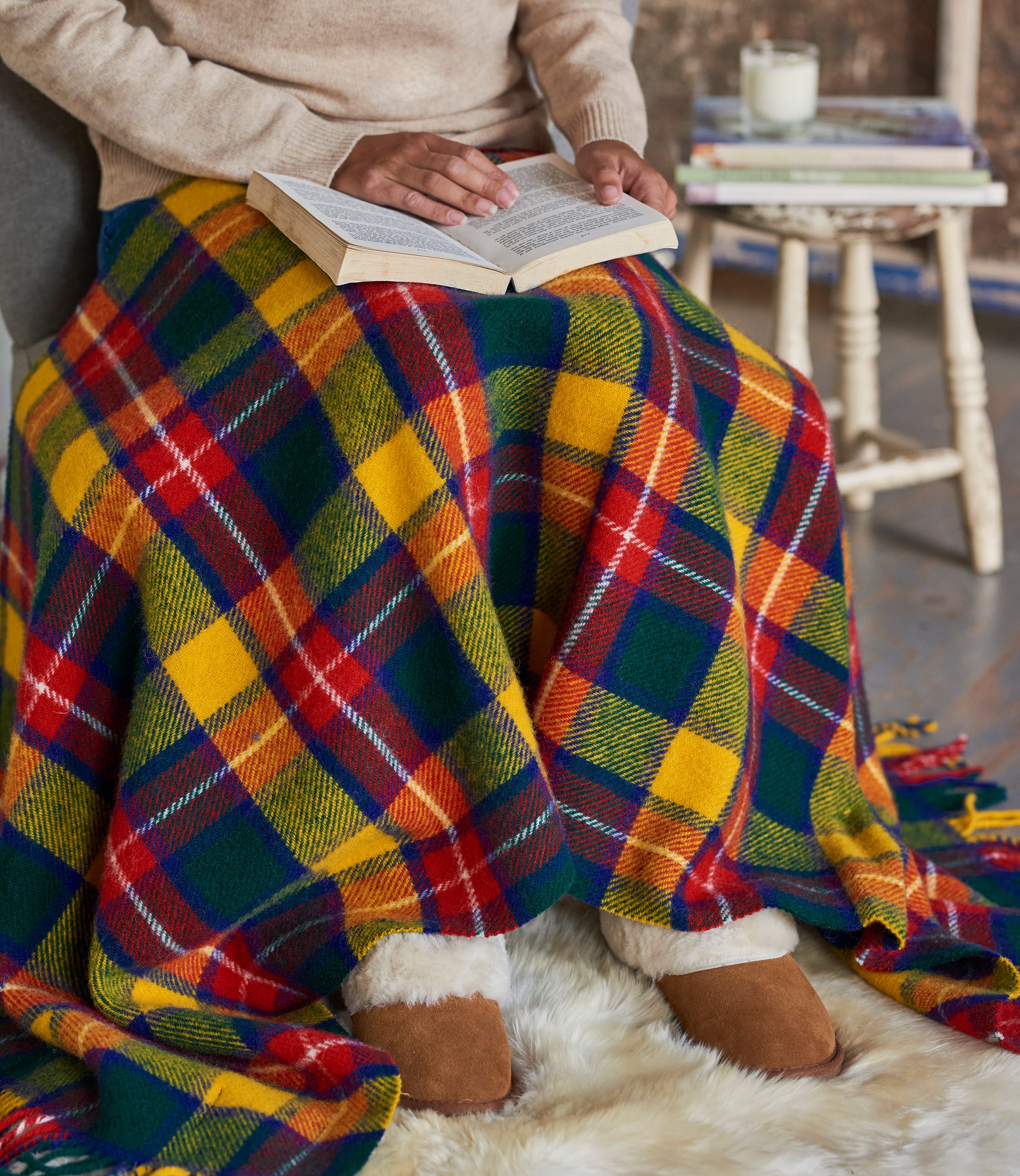 Yellow/Red Combo Pure Wool Tartan Knee Blanket WoolOvers US