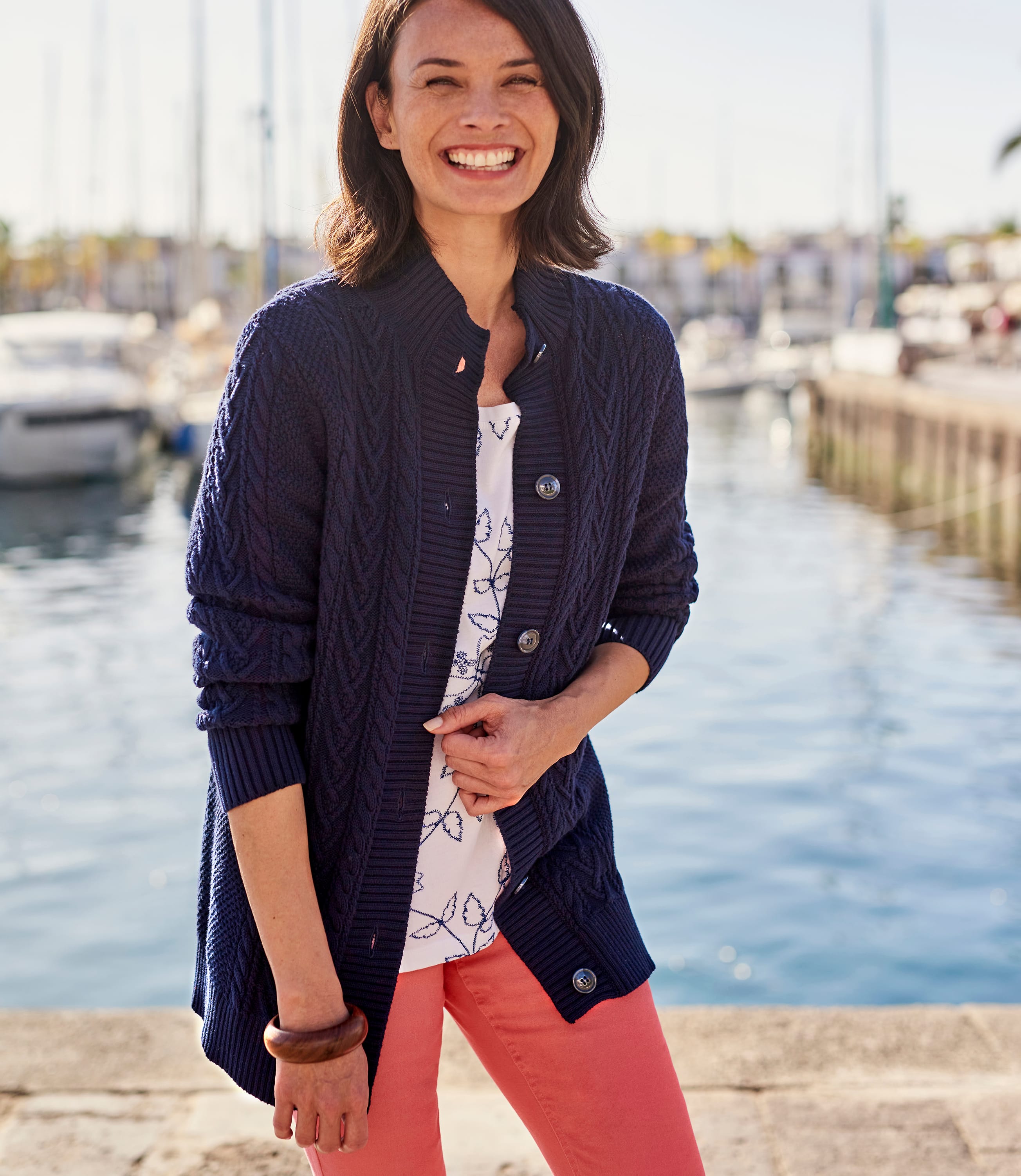Navy | Womens Cable High Neck Button Cardigan | WoolOvers US