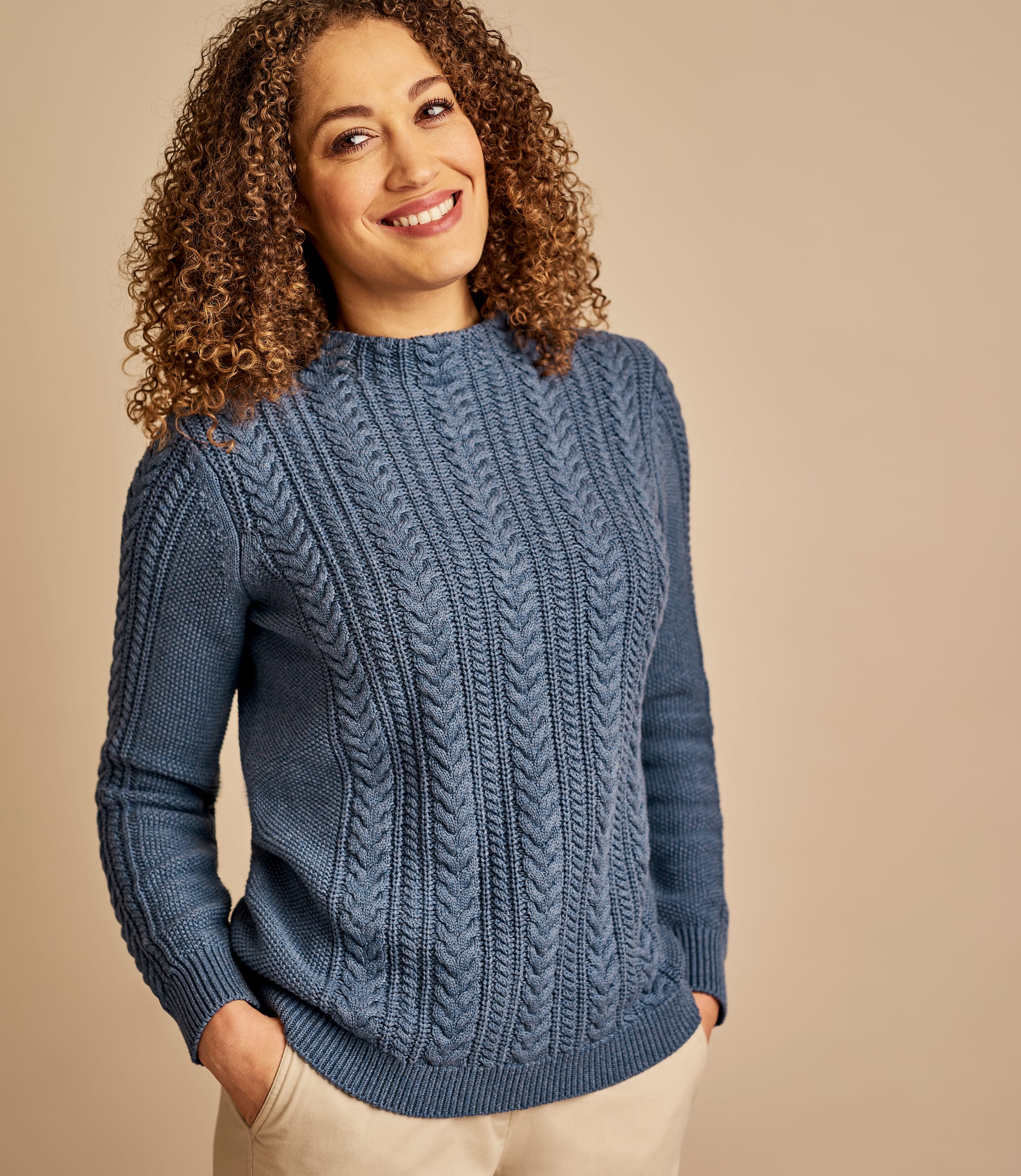 Light Denim Womens Cotton Cable Mock Neck Jumper WoolOvers UK