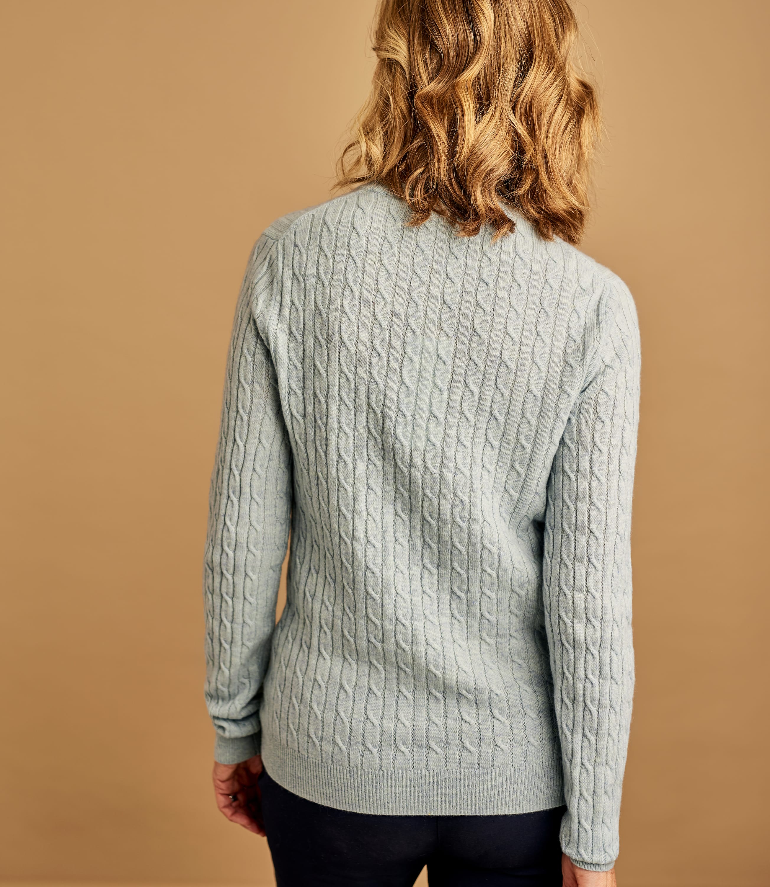 Iced Blue Marl Womens Cashmere Merino Cable Crew Neck Sweater Woolovers Us