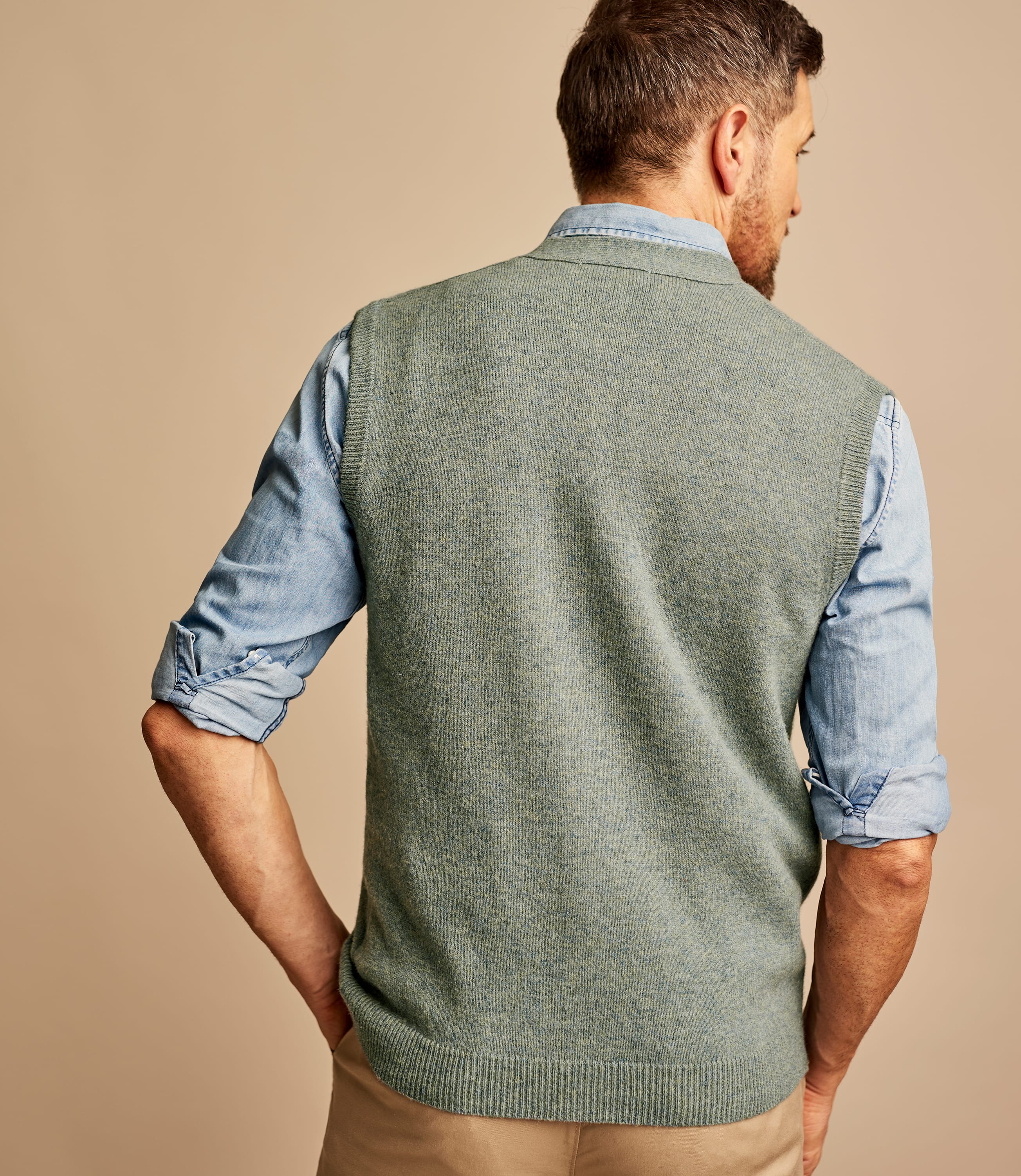 Green Mist Mens Lambswool Knitted Waistcoat WoolOvers UK