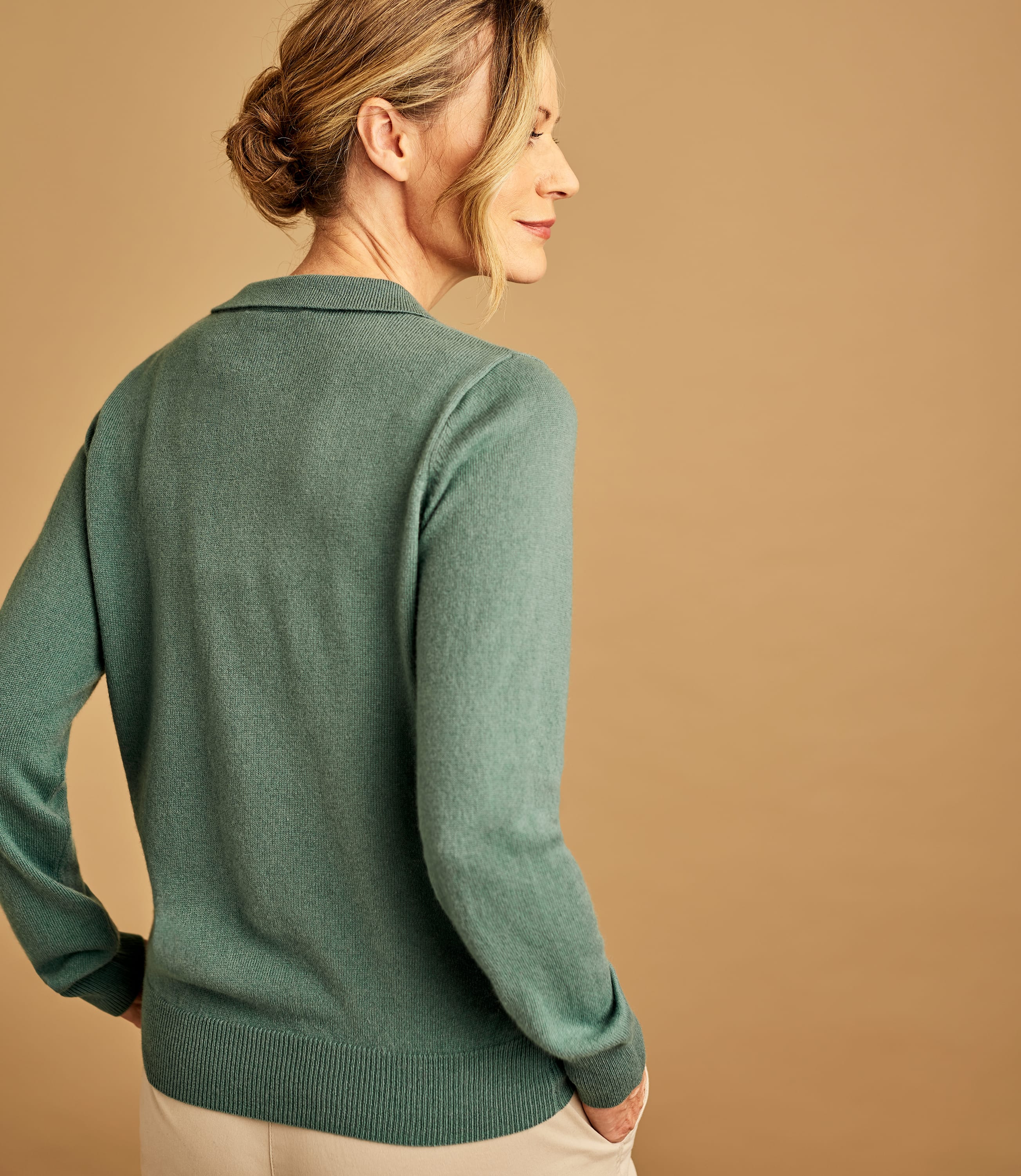 Verdigris Ladies Cashmere & Merino Knitted Polo Shirt WoolOvers UK