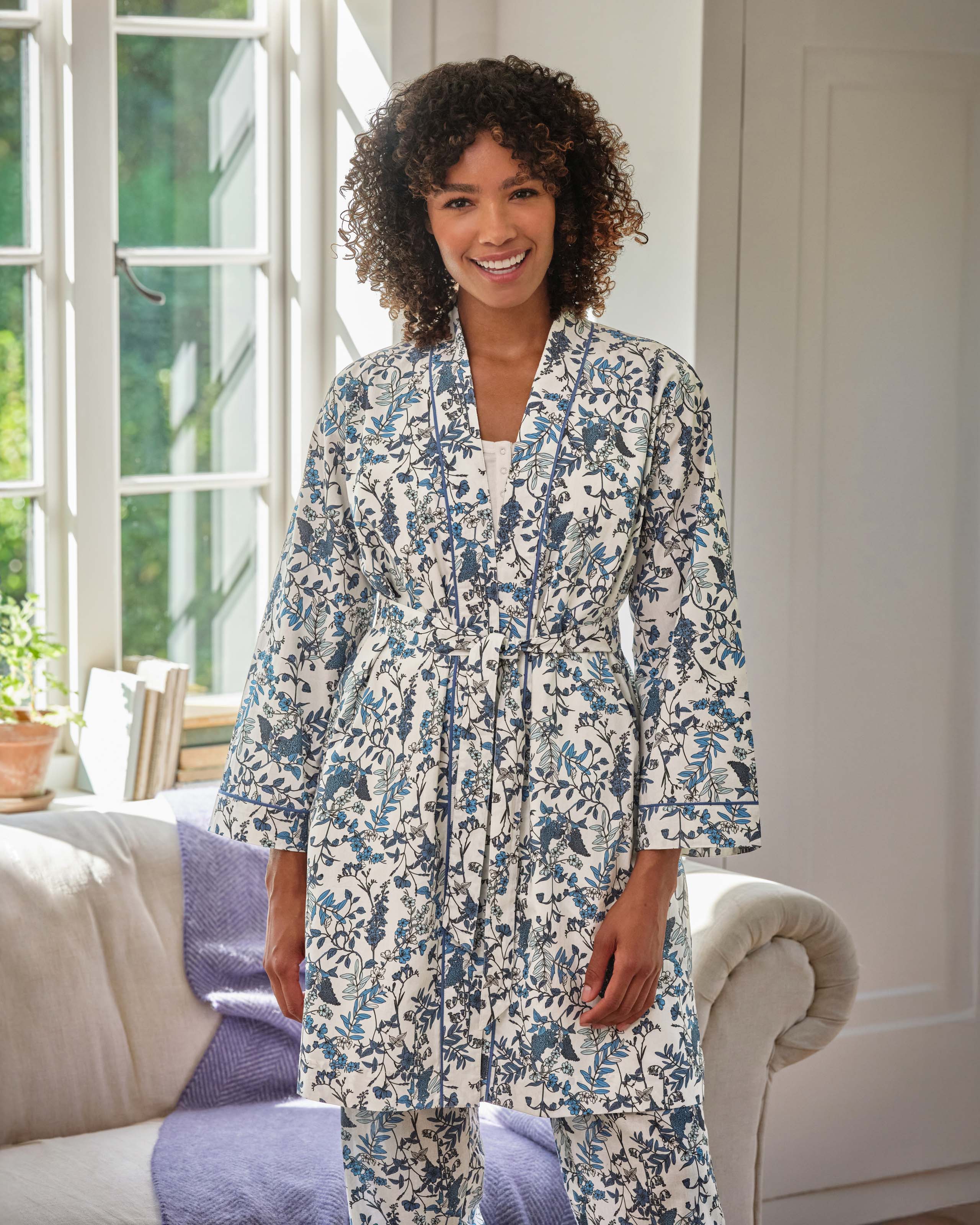 Blue/White Floral | Cotton Belted Robe | WoolOvers UK