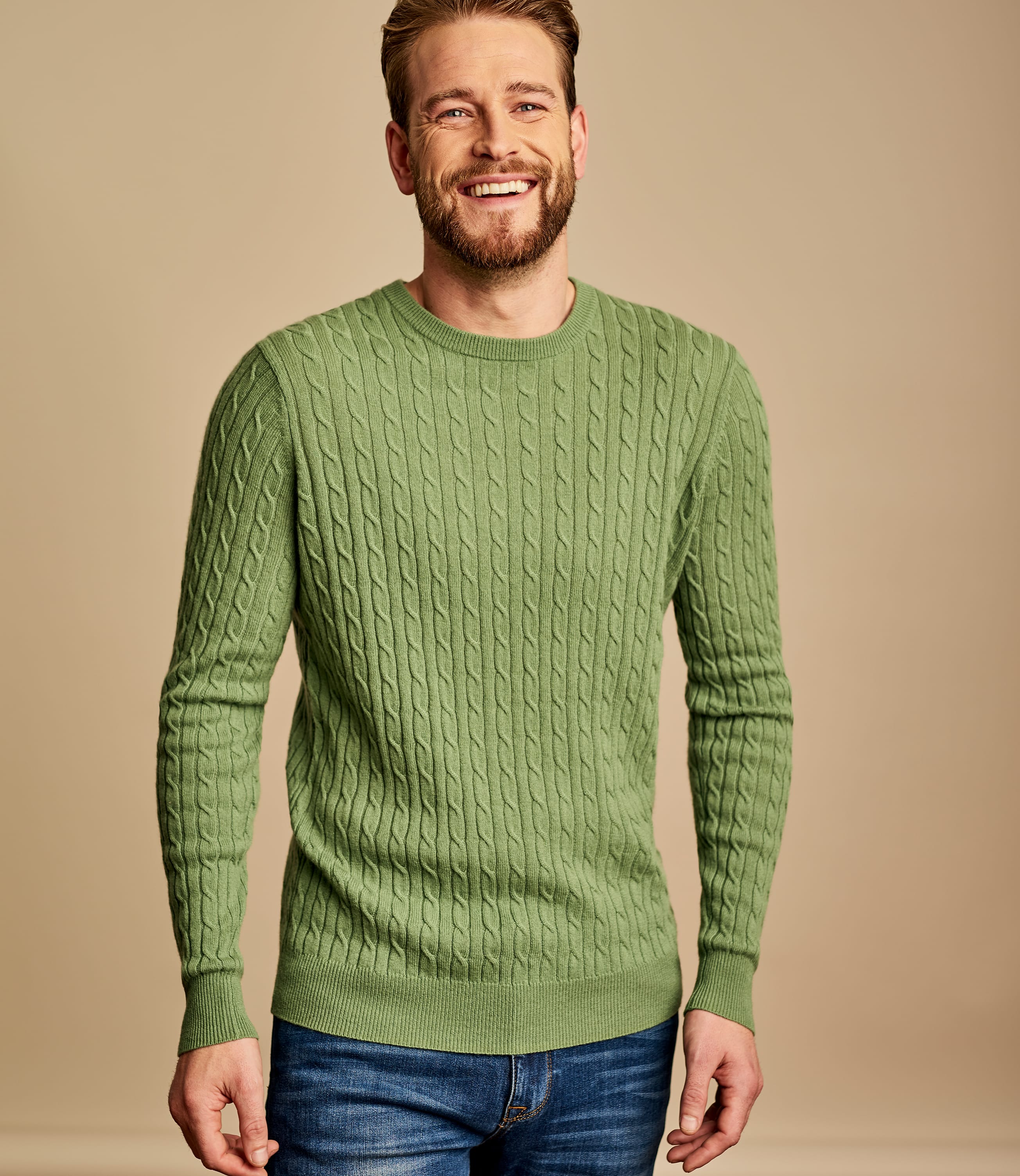 Pear Green | Mens Cashmere & Merino Cable Crew Neck Jumper | WoolOvers UK