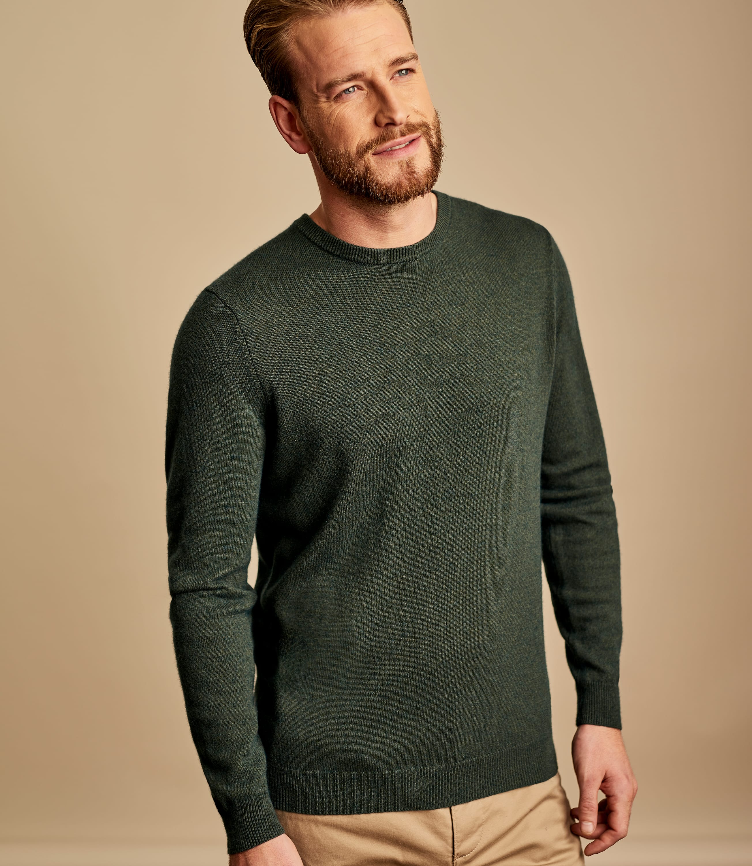 Tweed Green | Mens Cashmere & Merino Crew Neck Jumper | WoolOvers UK