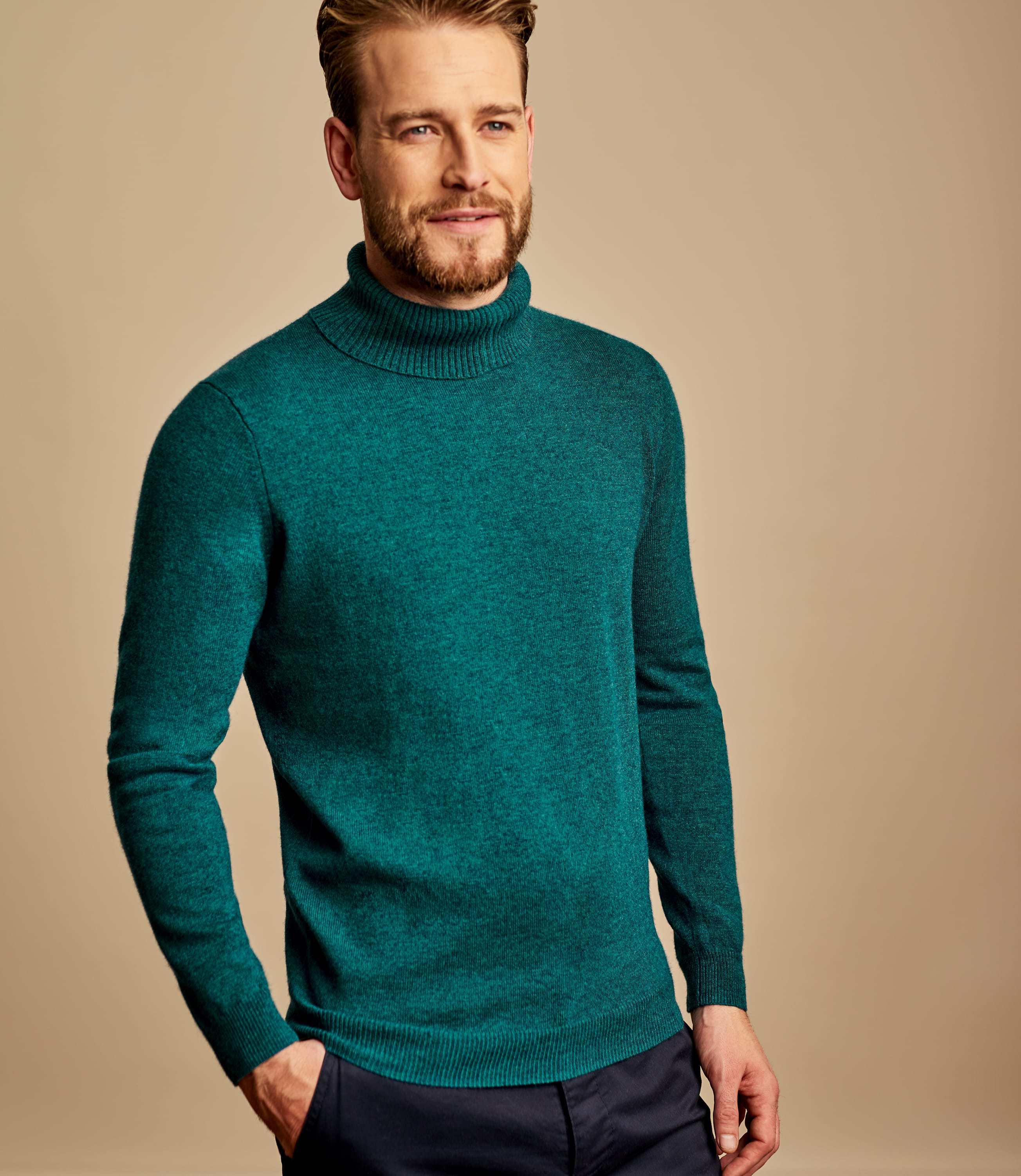 Deep Teal Marl | Cashmere & Merino Turtle Neck Sweater | WoolOvers US