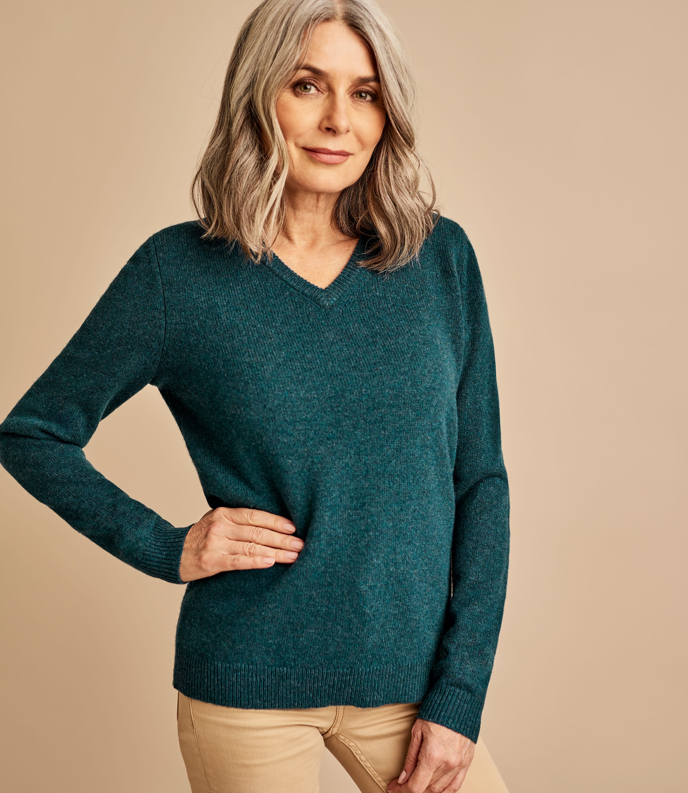 Thyme Marl | Womens Lambswool V Neck Sweater | WoolOvers US