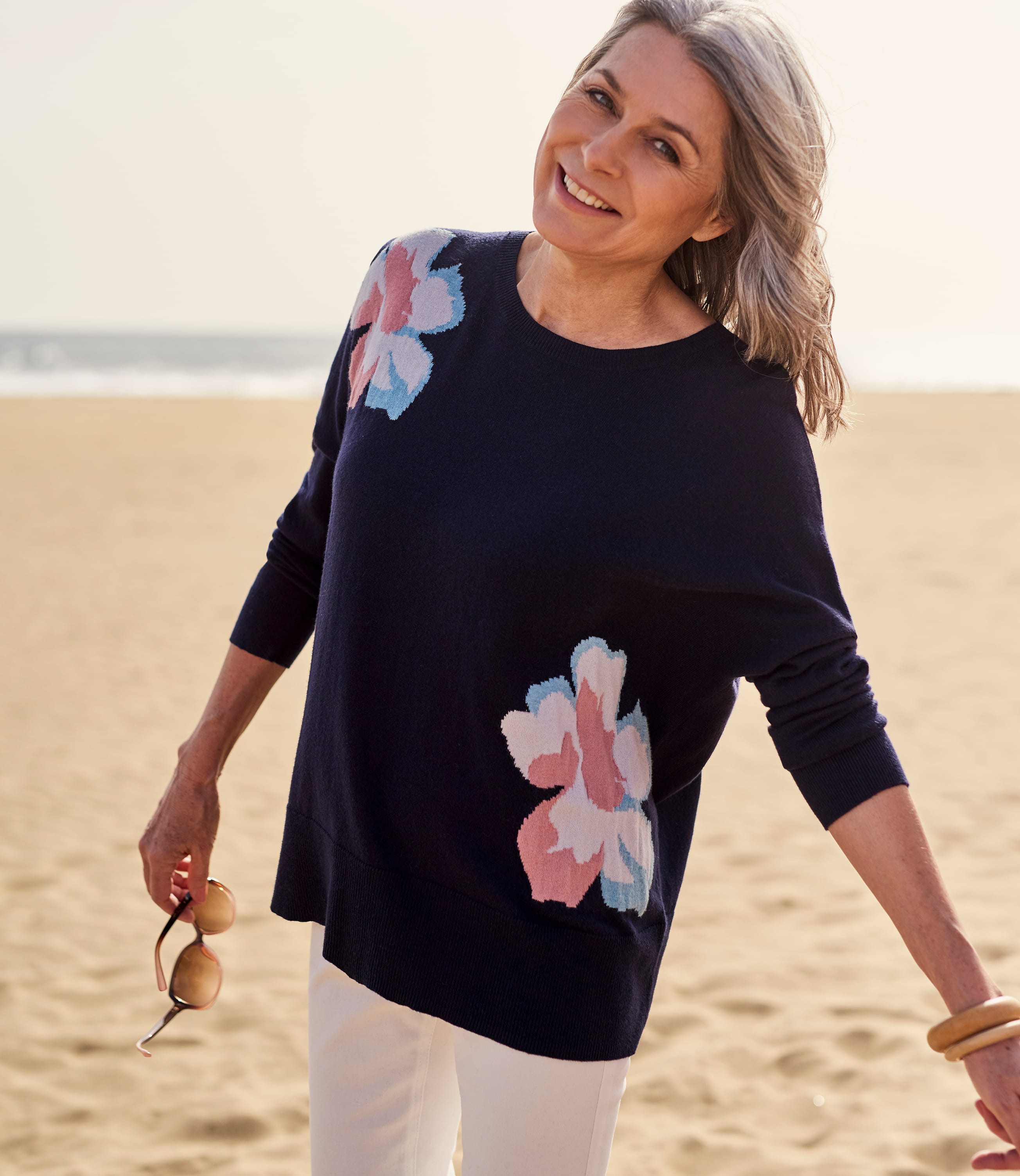 Navy/Flower Womens Merino Blend Flower Placement Sweater WoolOvers US