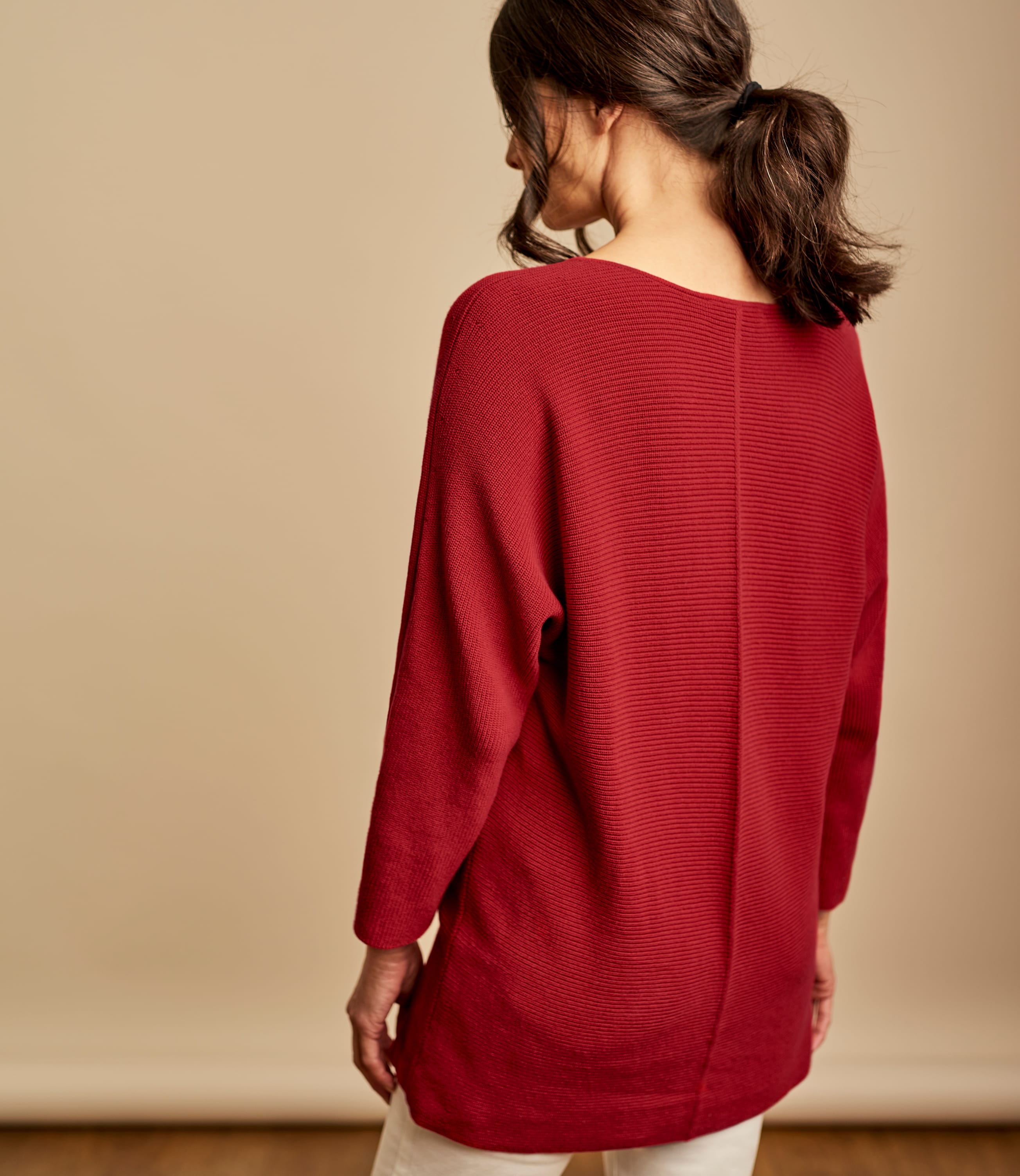 Crimson | Womens Cotton Relaxed Rib V Neck Jumper | WoolOvers AU