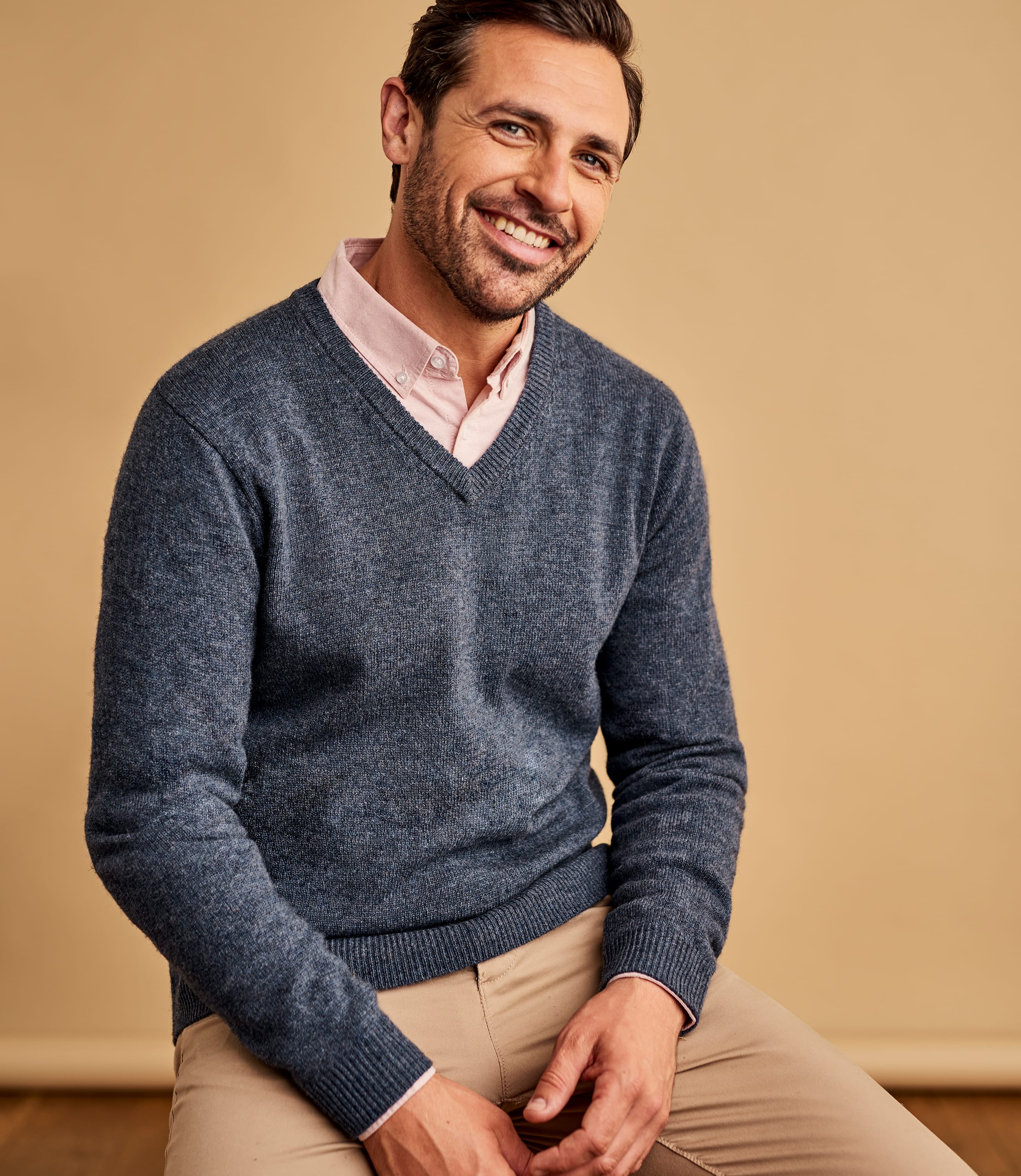 Dark Denim Marl | Lambswool V Neck Knitted Sweater | WoolOvers UK