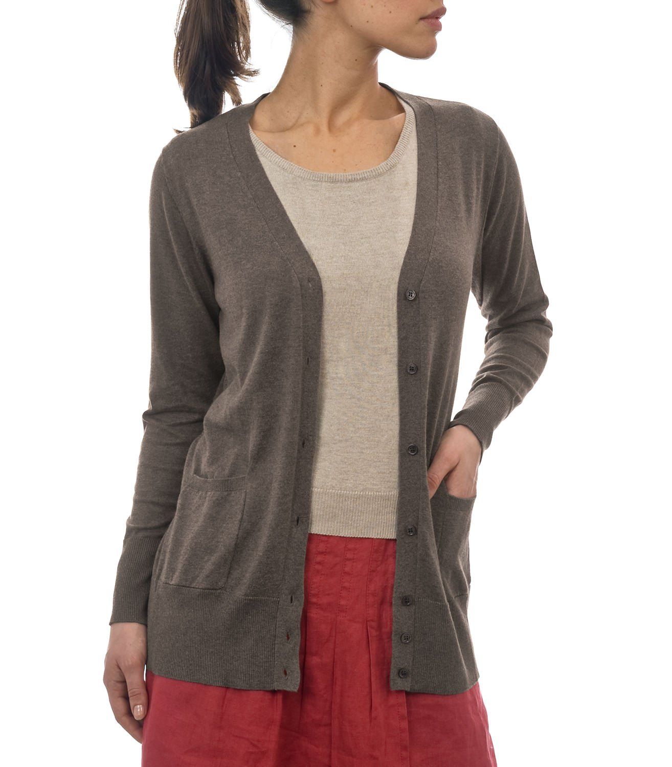 Brown Marl | Womens Silk & Cotton Long Cardigan | WoolOvers AU