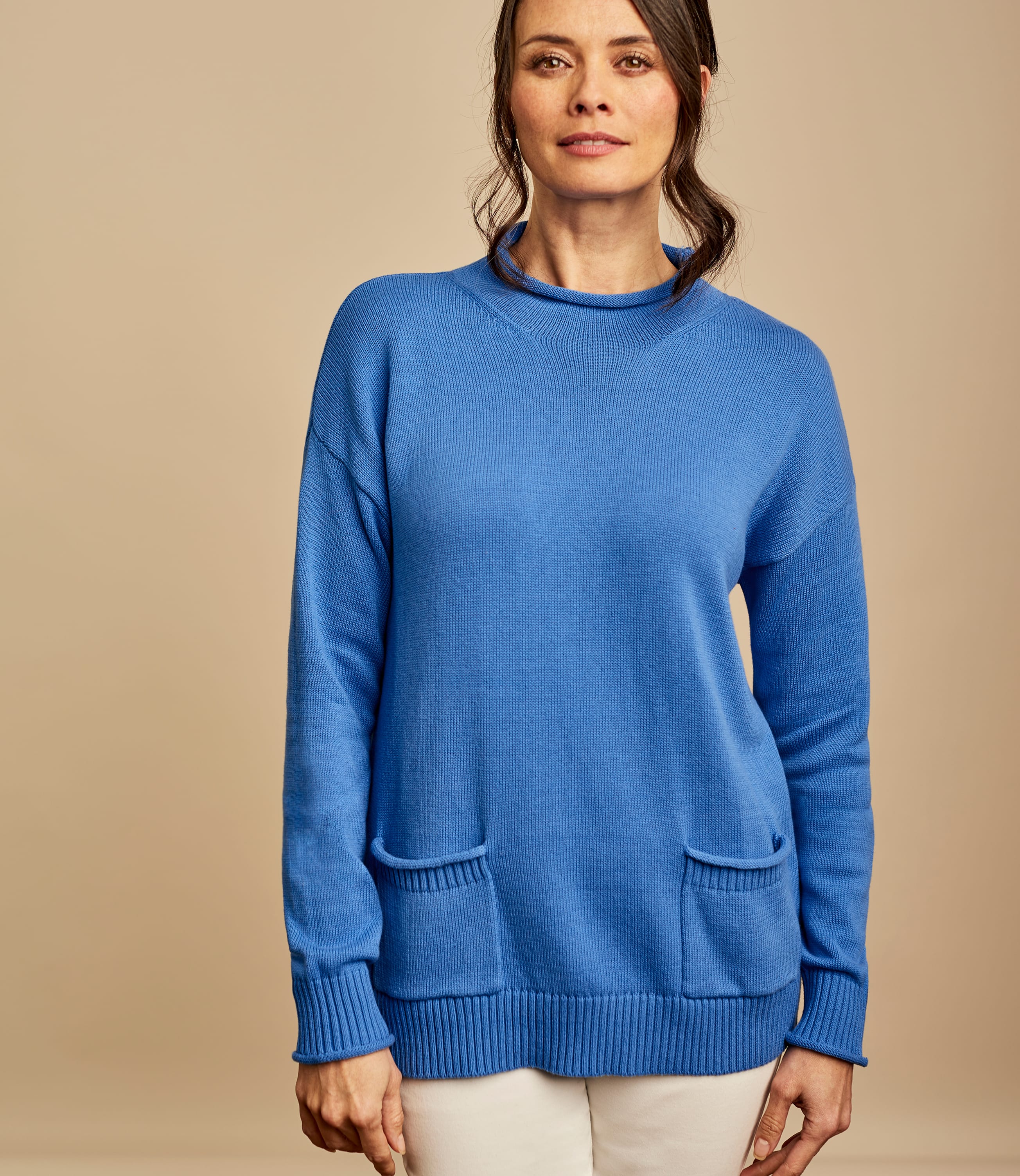 Ocean Blue | Womens Cotton Rib Pocket Jumper | WoolOvers UK