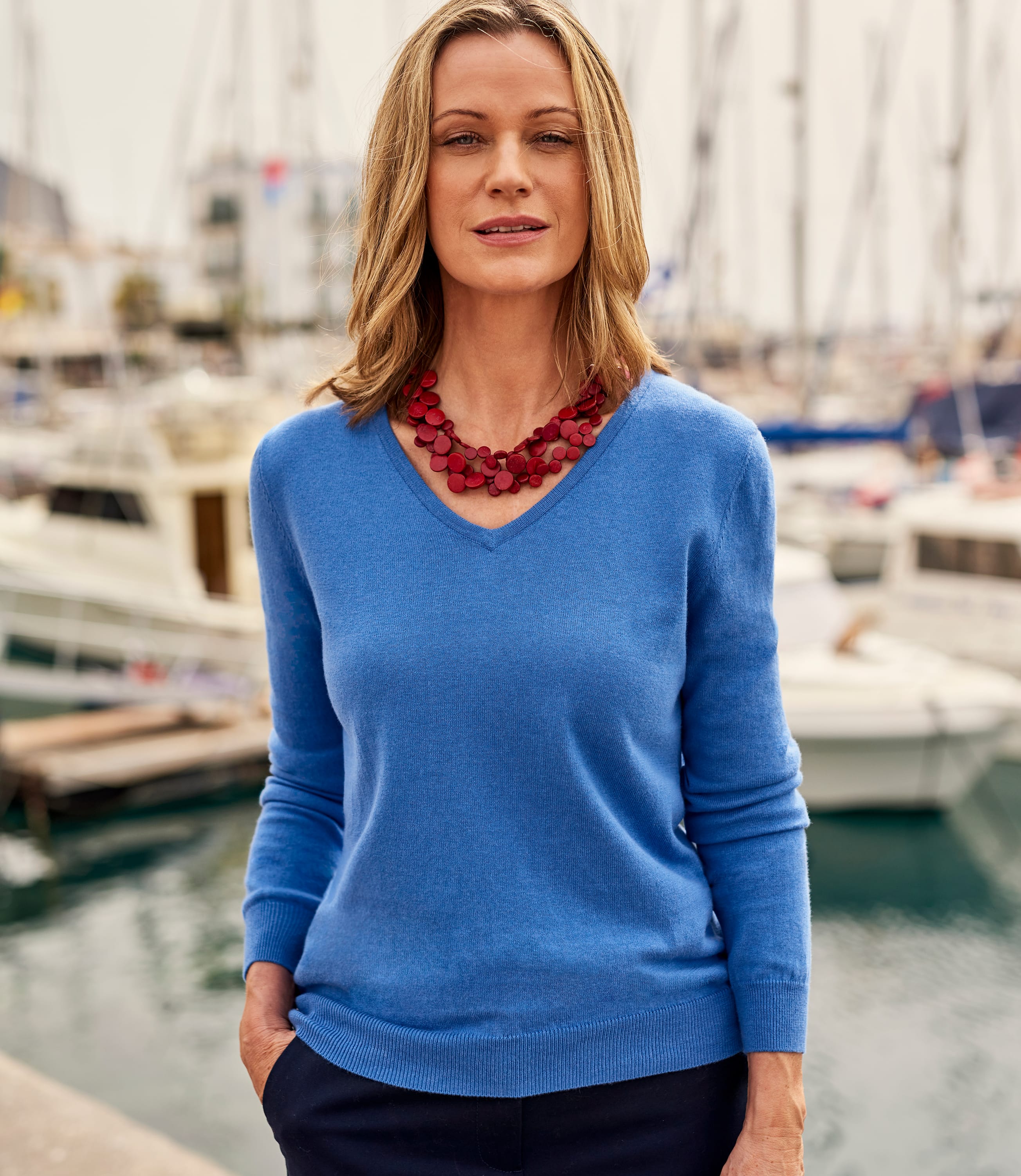 Ocean Blue | Womens Cashmere & Cotton V Neck Sweater | WoolOvers US