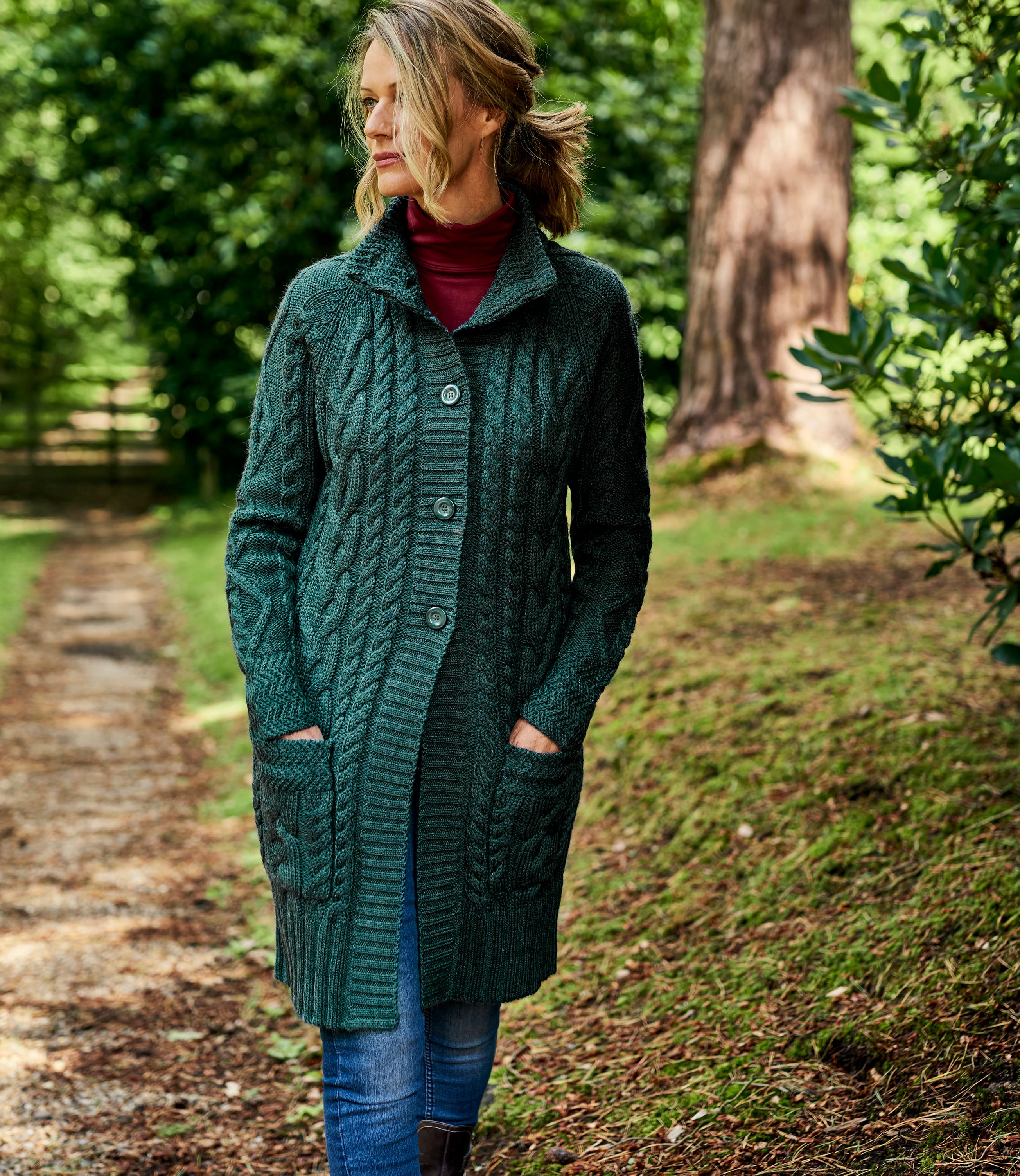 Thyme Marl | Pure Wool Aran Coatigan | WoolOvers UK