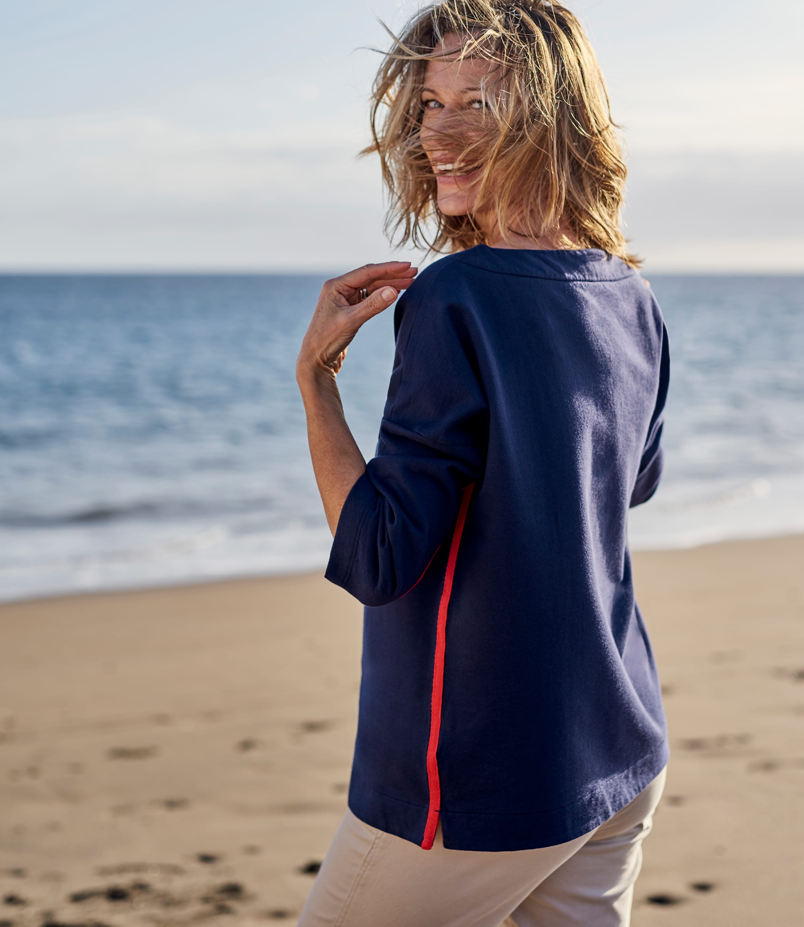 Navy/Red | Womens Jersey Stripe Side Sweatshirt | WoolOvers AU