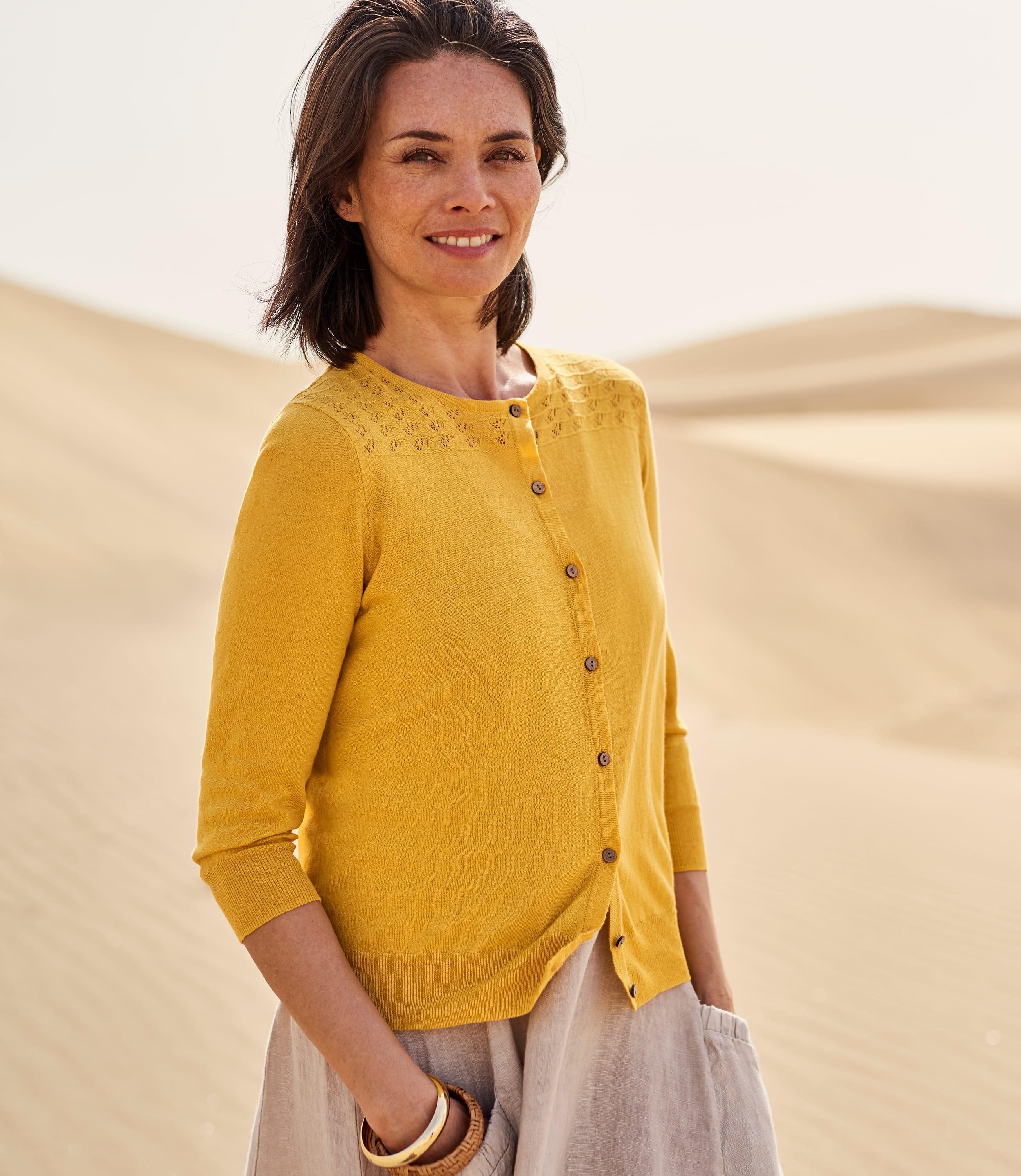 Golden Yellow Womens Linen Blend Pointelle Cardigan WoolOvers UK