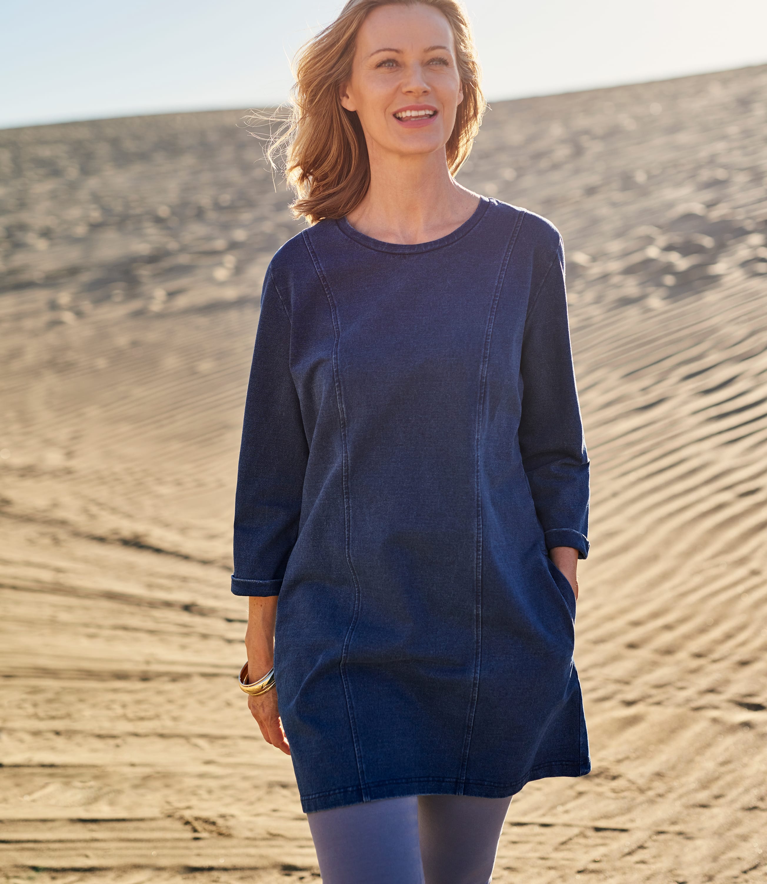 Denim Pure Cotton Womens Denim Look Side Pocket Tunic