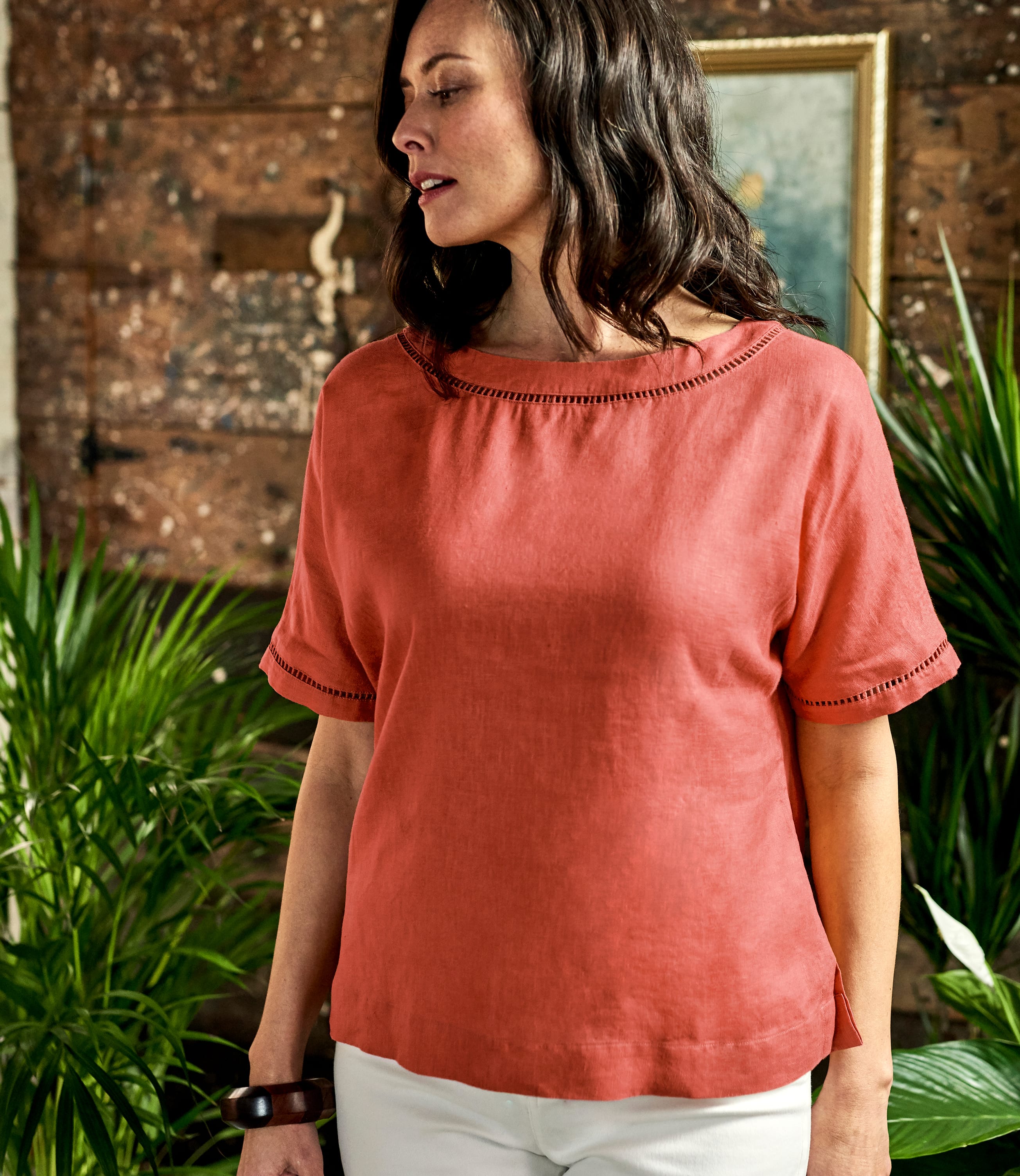 Terracotta 100 Linen Womens Linen Ladder Insert Trim Tee