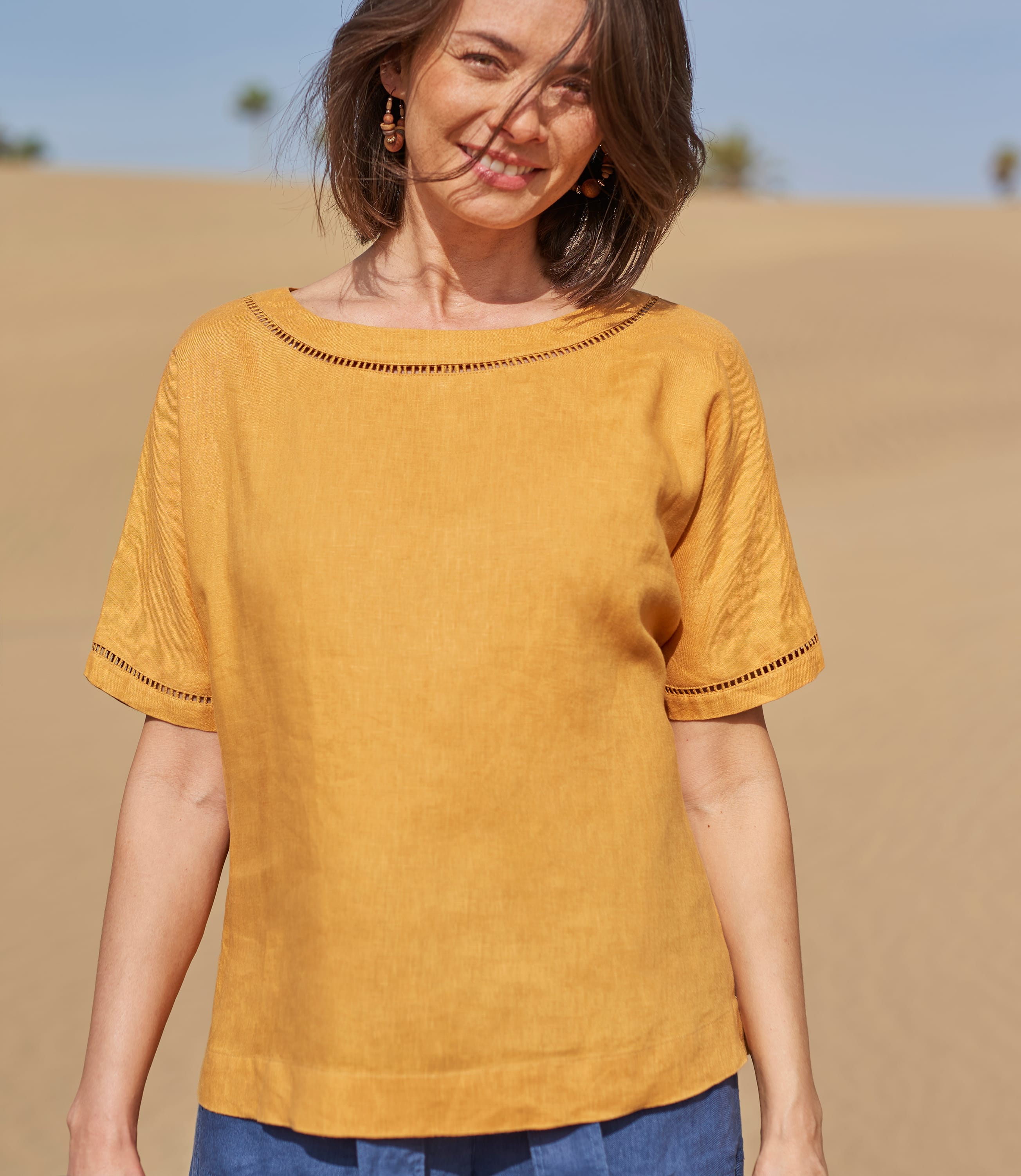 Dark Saffron 100 Linen Womens Linen Ladder Insert Trim Tee