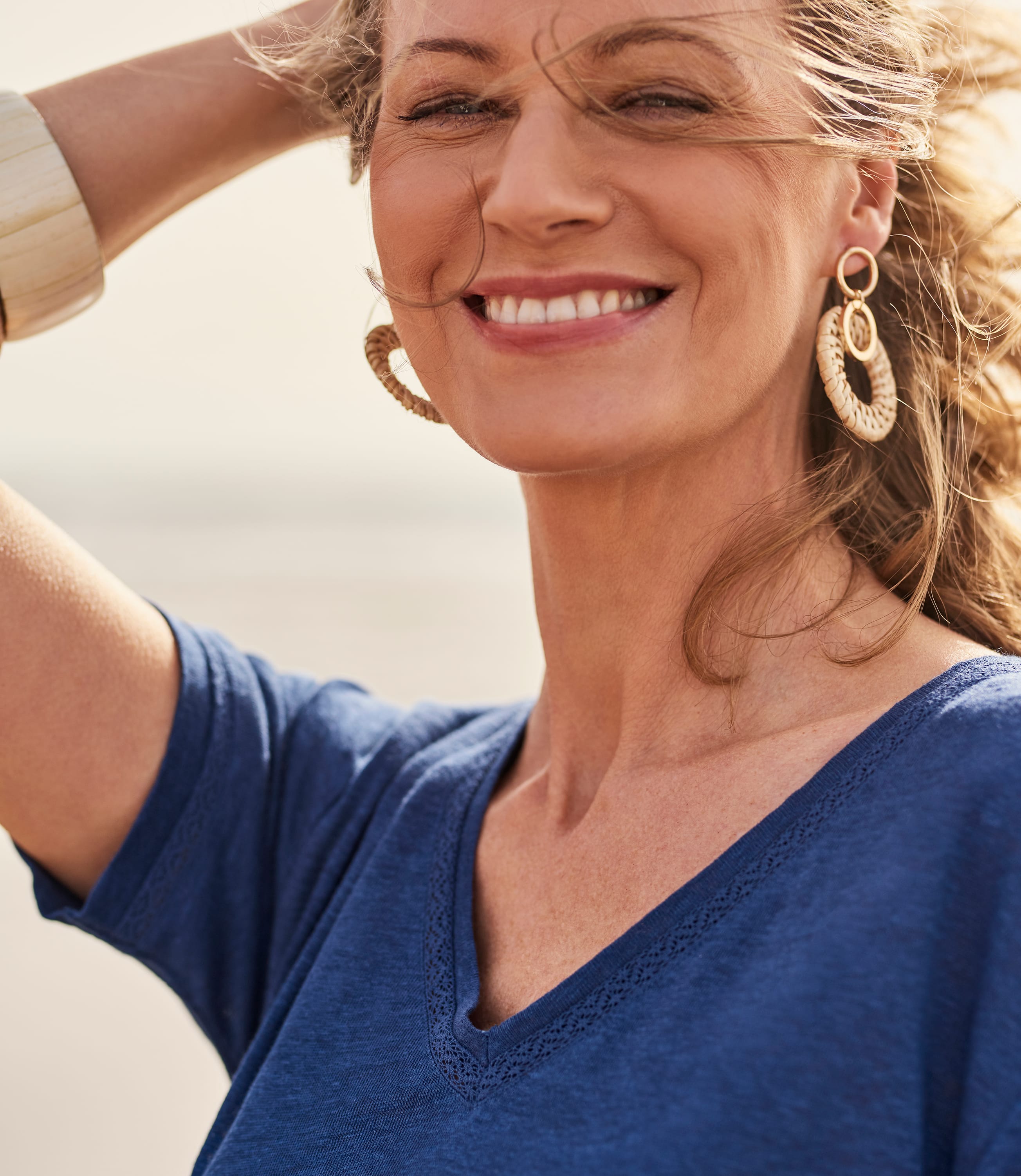 Navy Womens Linen Jersey V Neck Top WoolOvers UK