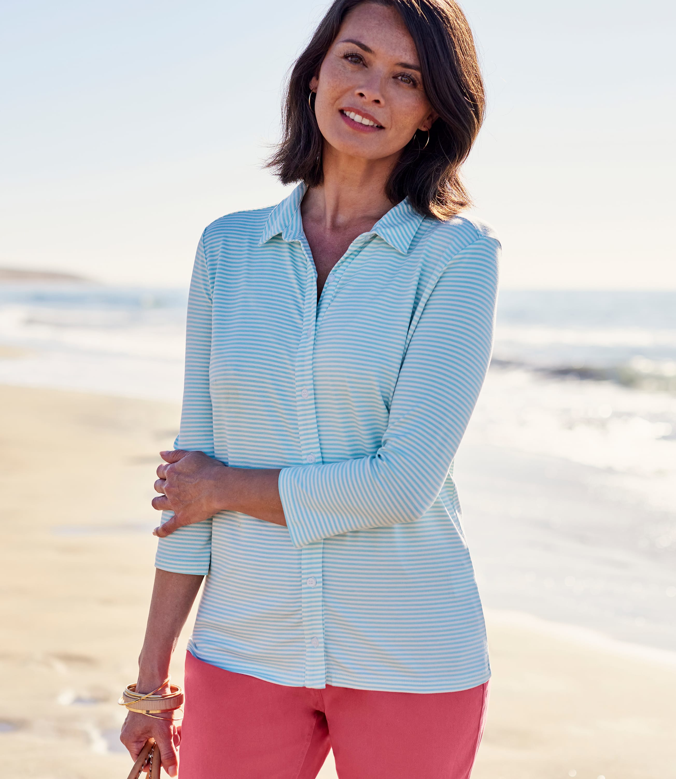 Aqua/White Stripe Womens Jersey Print 3/4 Sleeve Shirt WoolOvers UK