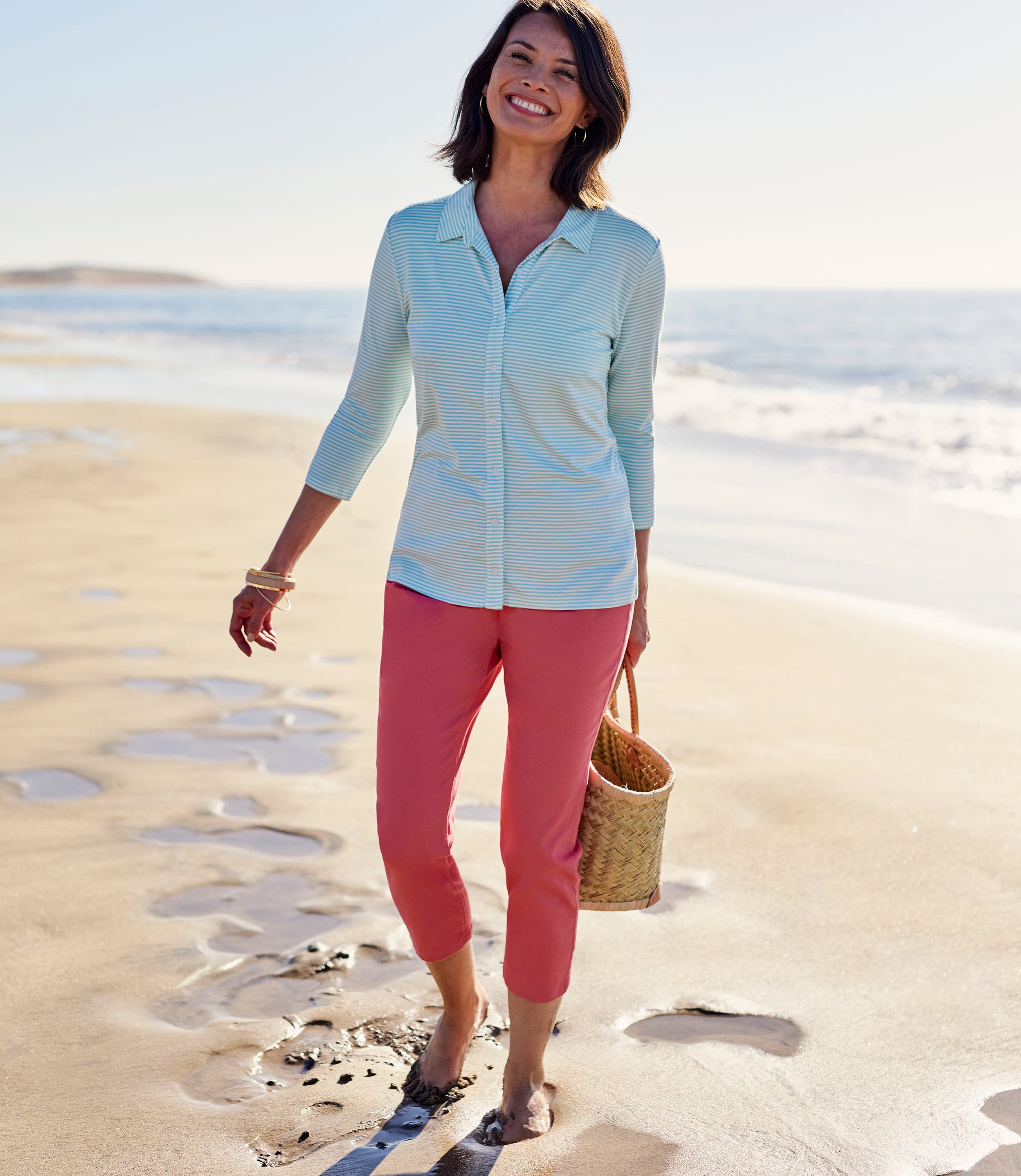 Aqua/White Stripe | Womens Jersey Print 3/4 Sleeve Shirt | WoolOvers UK