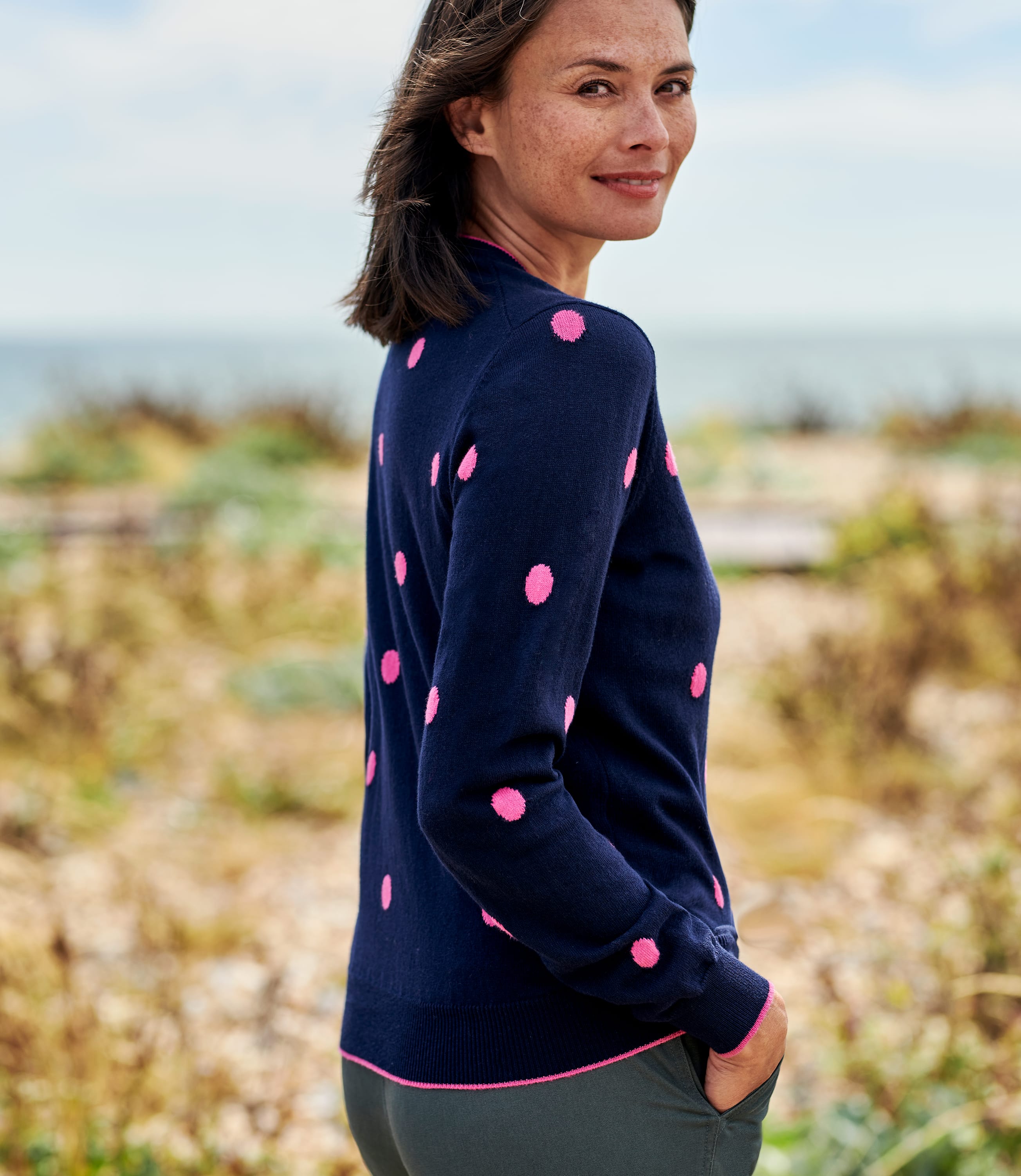 Navy/Pink Spot | Womens Wool Blend Spot Jumper With Tipping | WoolOvers UK