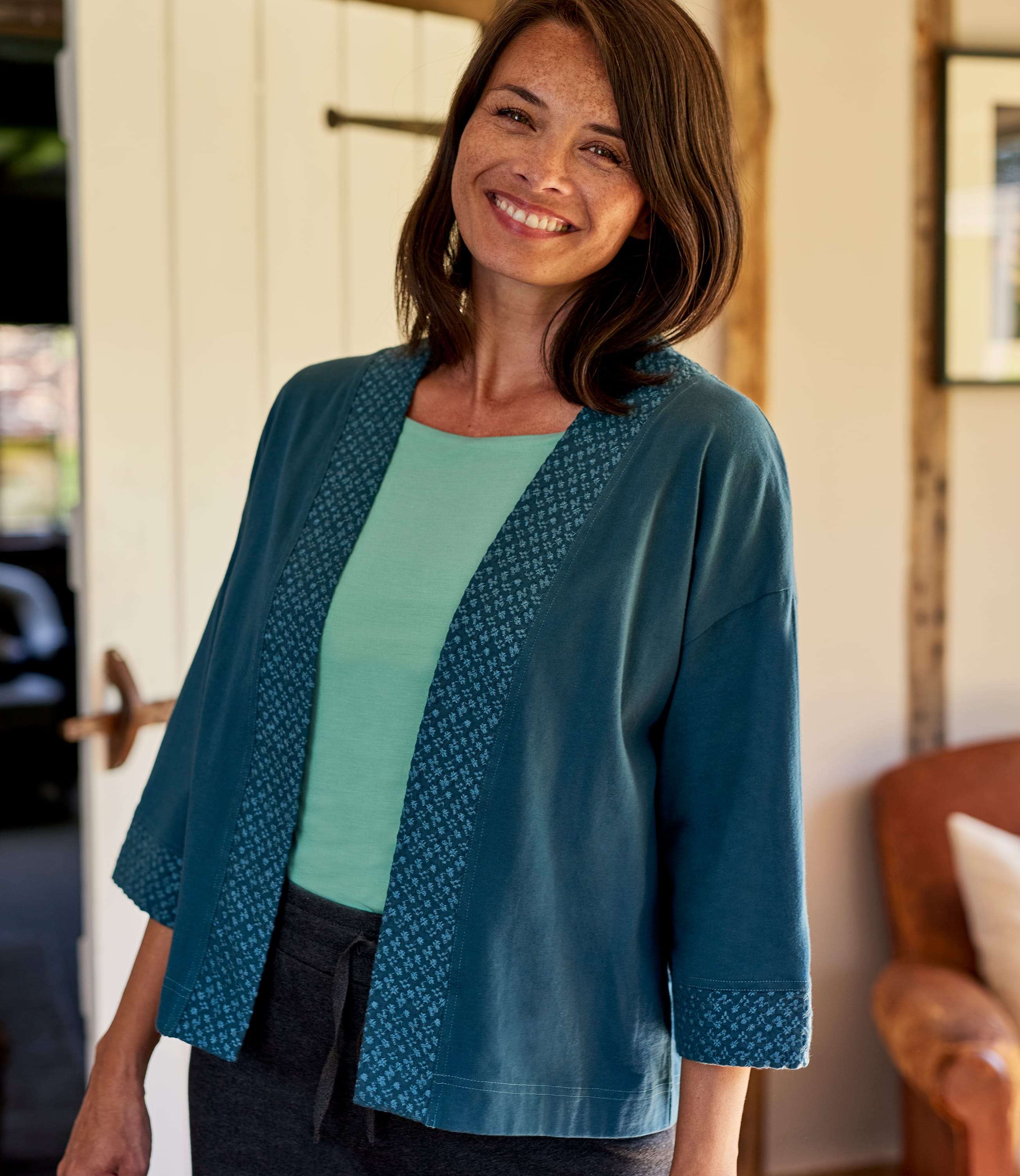Teal | Womens Embroidered Jersey Jacket | WoolOvers UK