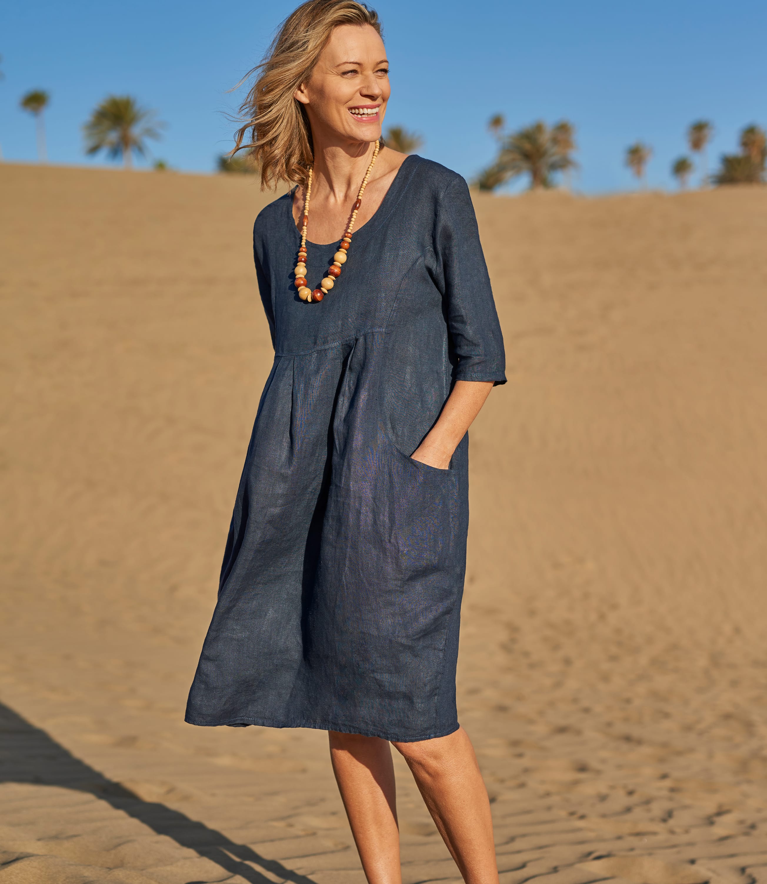 Navy Womens Linen Pocket Tunic Dress WoolOvers UK