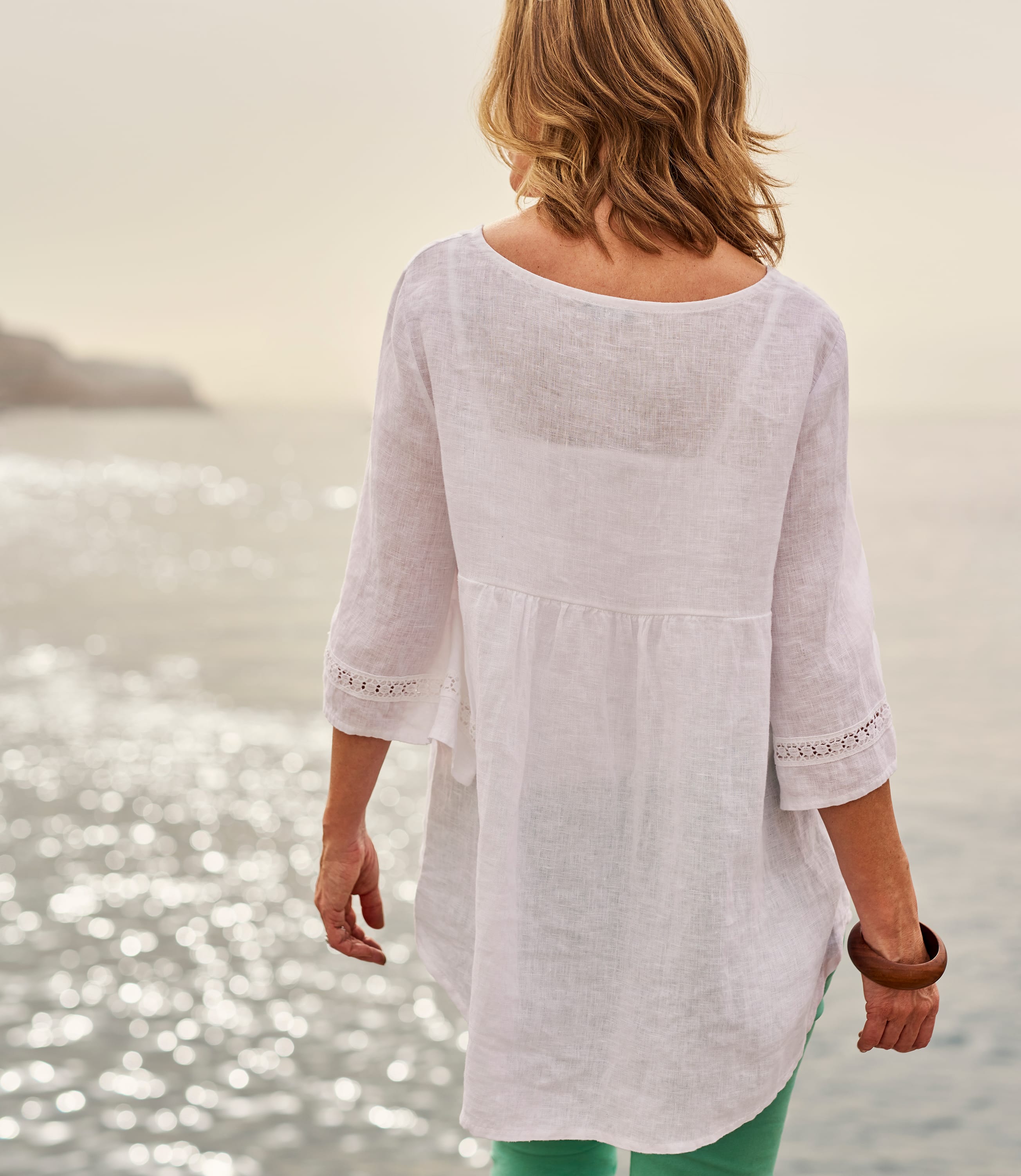 White 100% Linen | Womens Lace Insert Floaty Linen Top