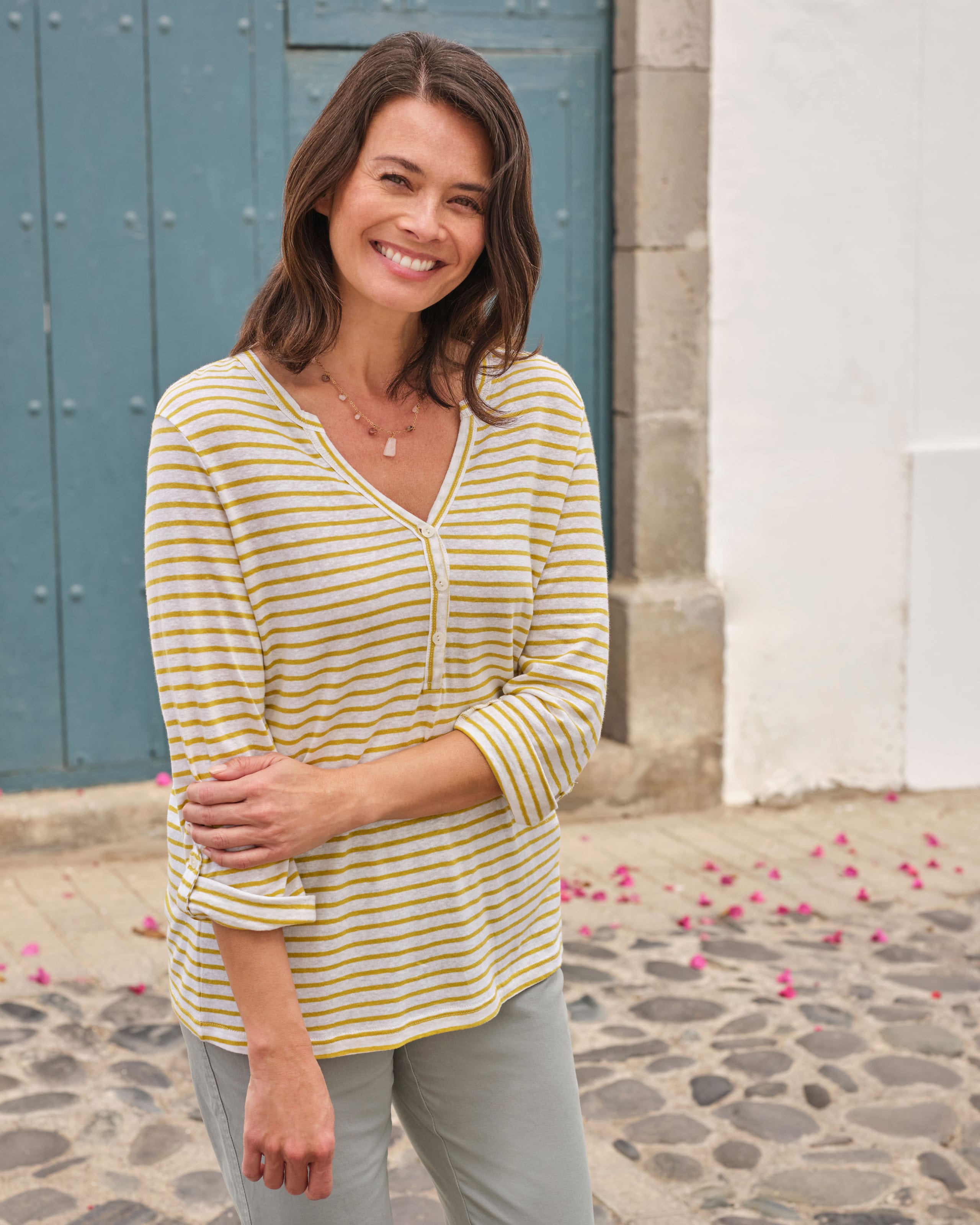 Chartreuse Stripe | Relaxed Button Top | WoolOvers UK