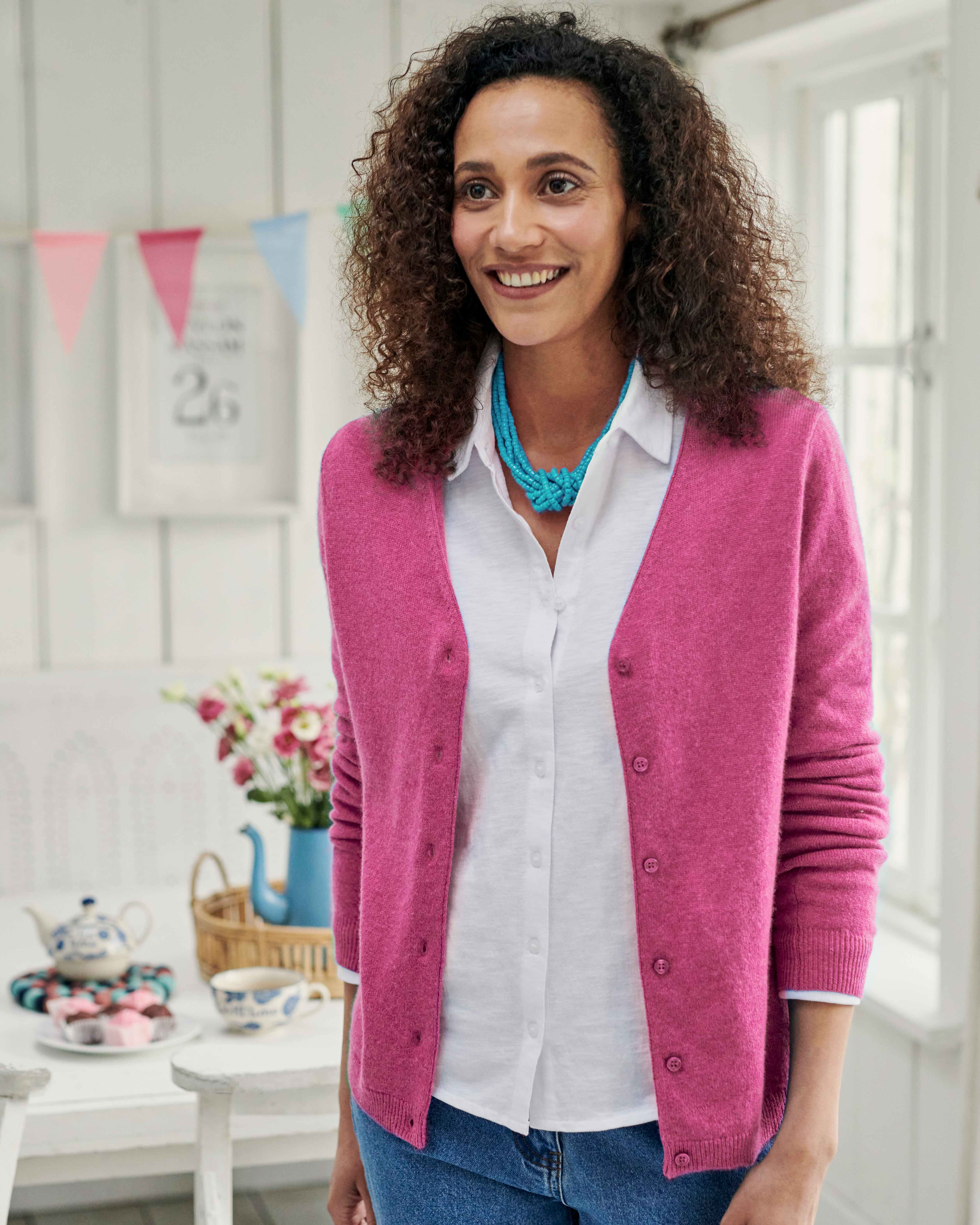 Dusty Pink V-Neck Ribbed Women's Cardigan