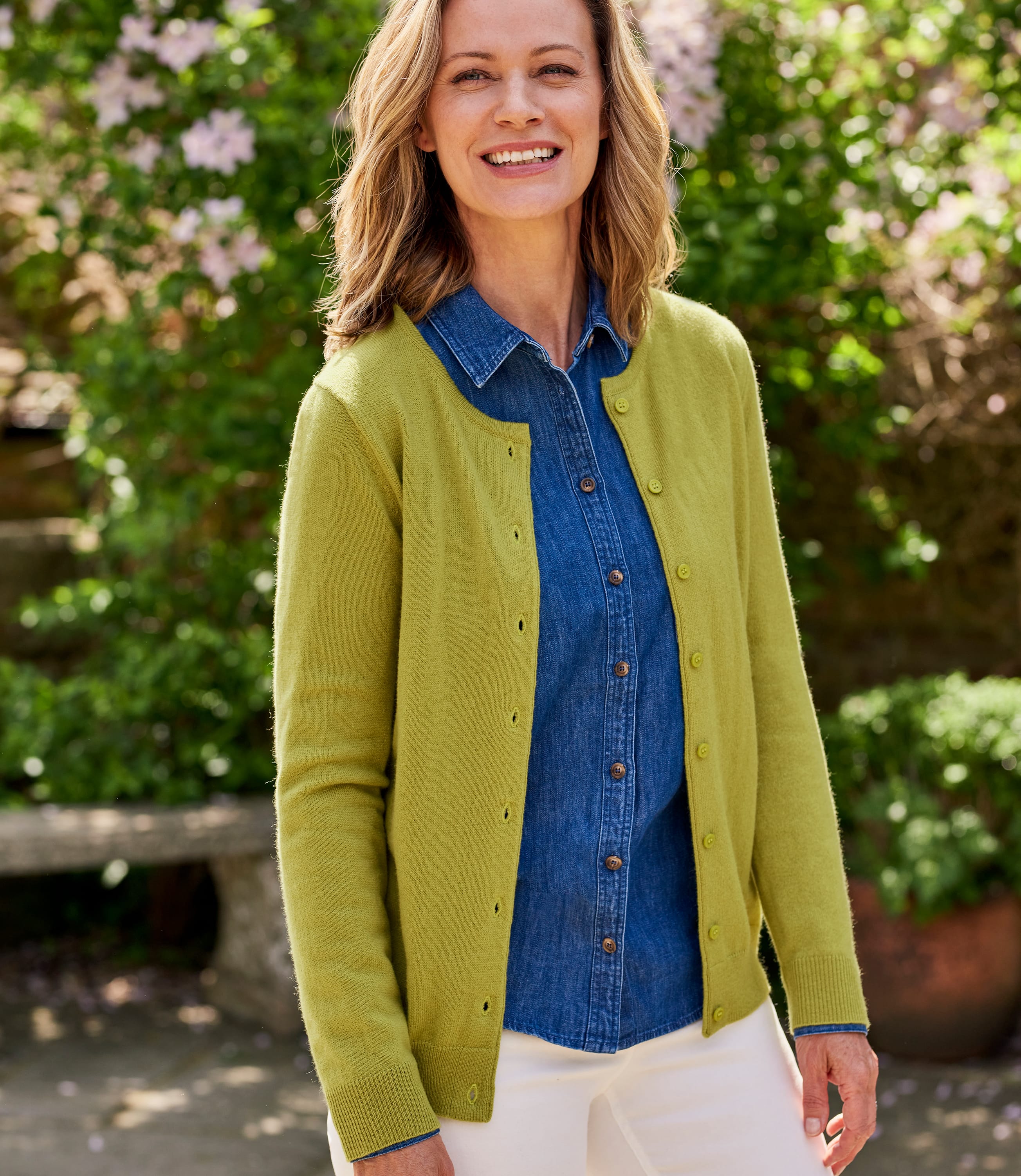 Chartreuse | Cashmere Merino Crew Neck Cardigan | WoolOvers UK